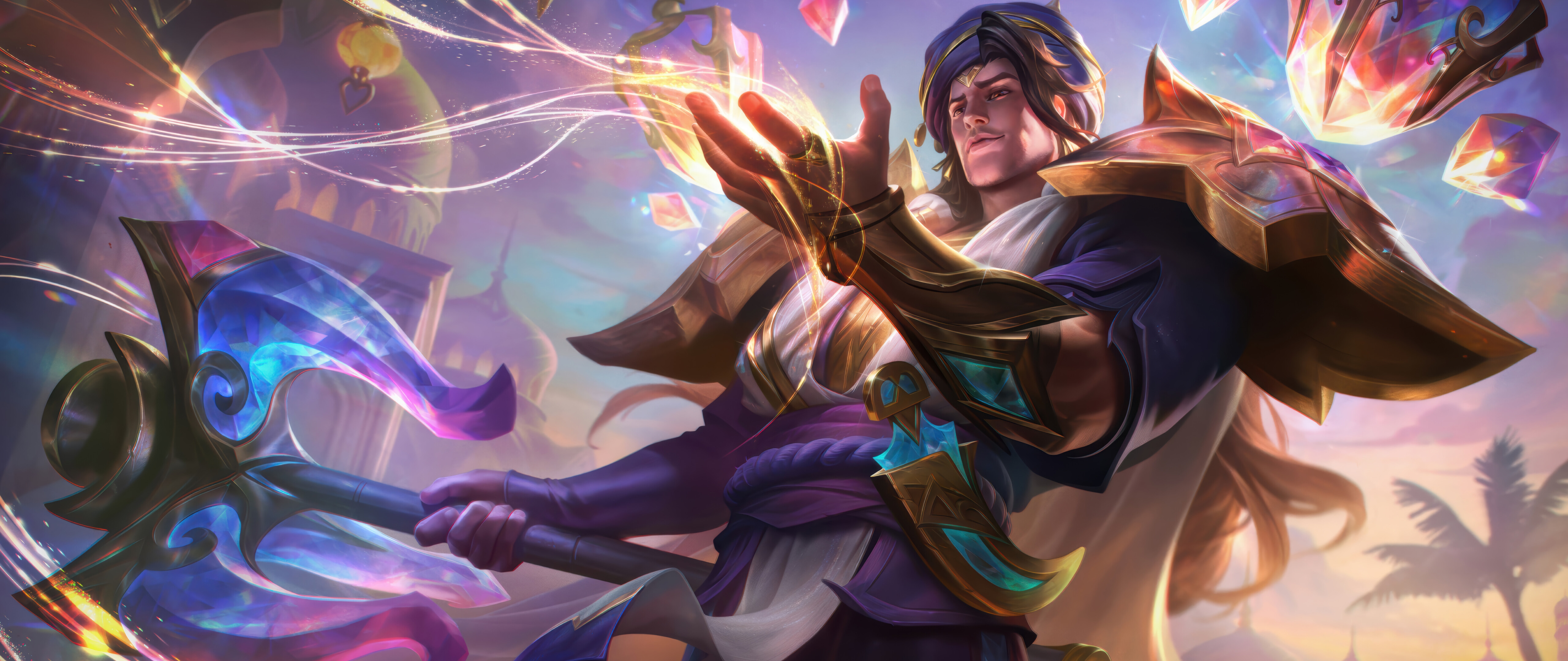 Una rappresentazione cinematografica di Taric, personaggio del videogioco League of Legends, raffigurato come un potente mago circondato da energia magica.