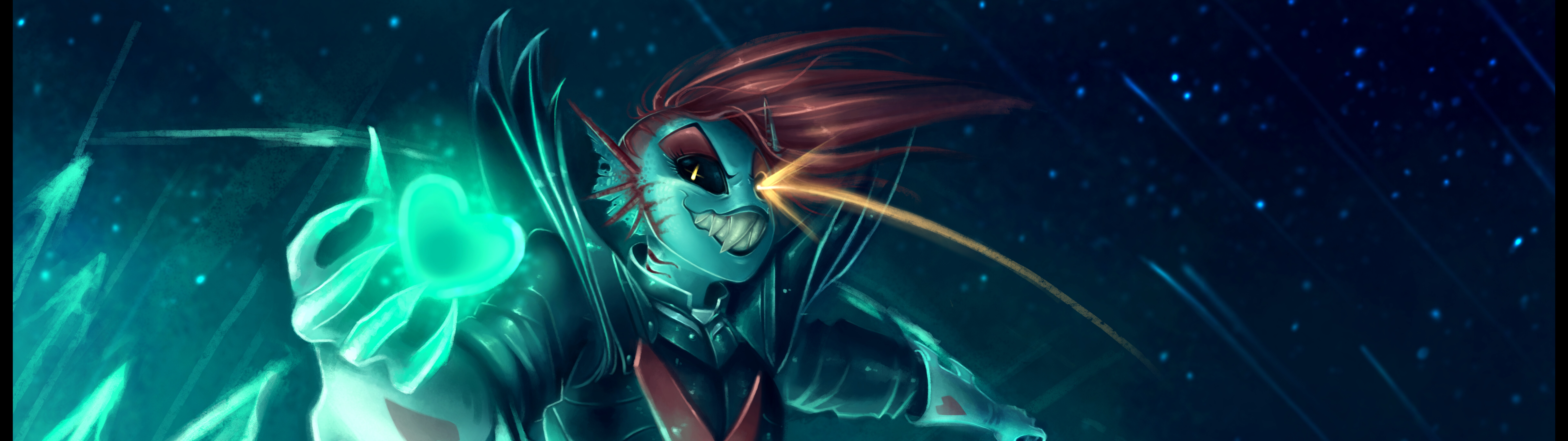 Undyne, la guerriera immortale di Undertale, indossa un’armatura, ha i capelli rossi e un simbolo a forma di cuore rosso.