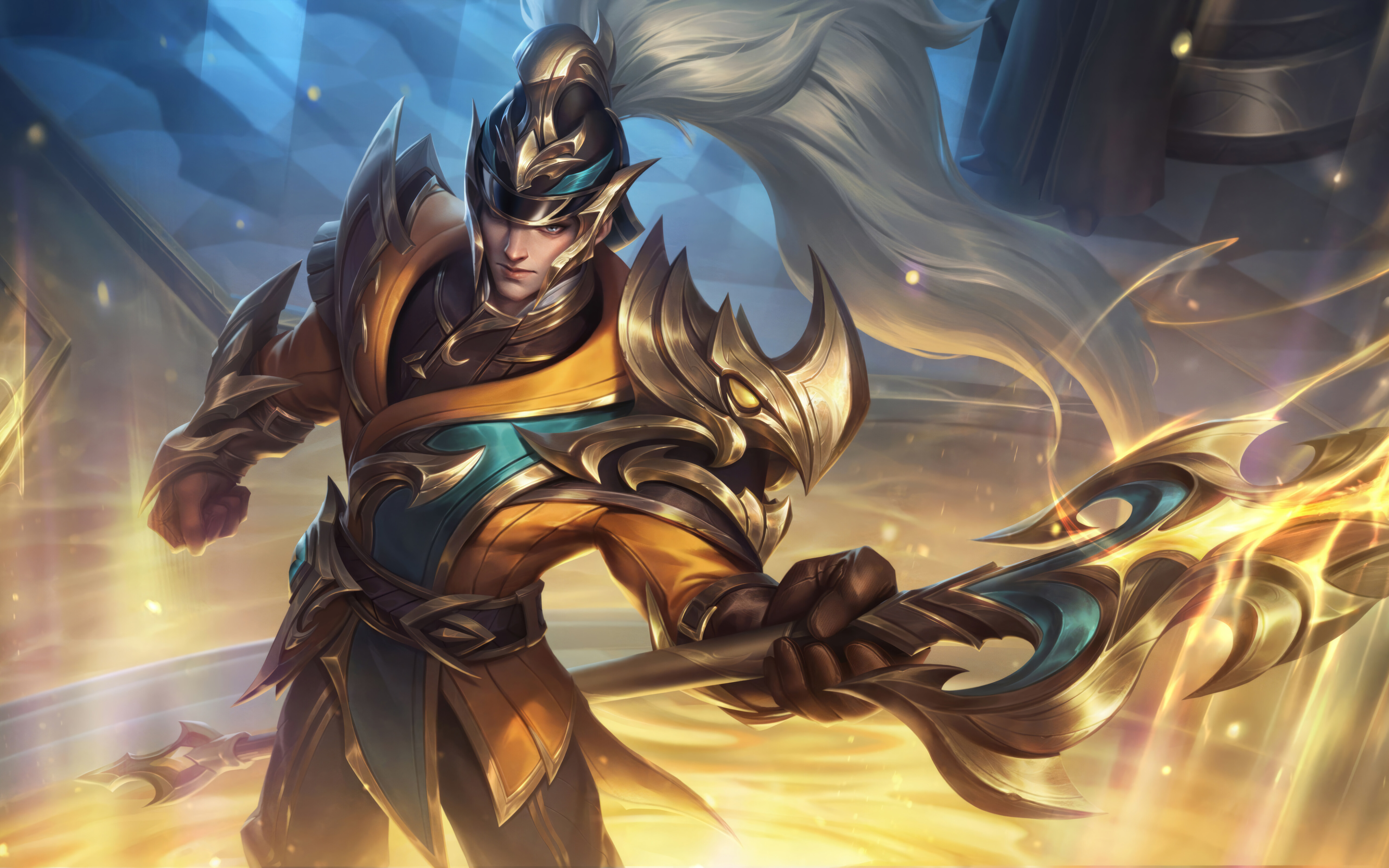 Xin Zhao, personaggio del videogioco League of Legends, in posa con la sua lancia, l’arma che lo contraddistingue.
