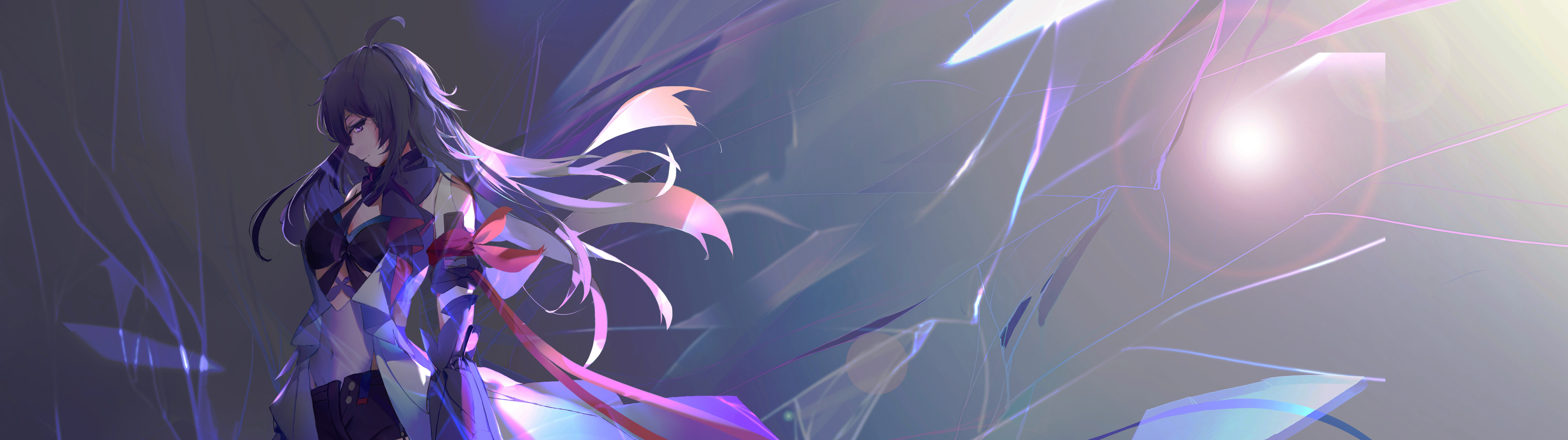 Un ritratto cinematografico di Seele Vollerei, tratta da Honkai: Star Rail, che ne mette in risalto i suoi iconici capelli viola e l’illuminazione cupa e suggestiva.