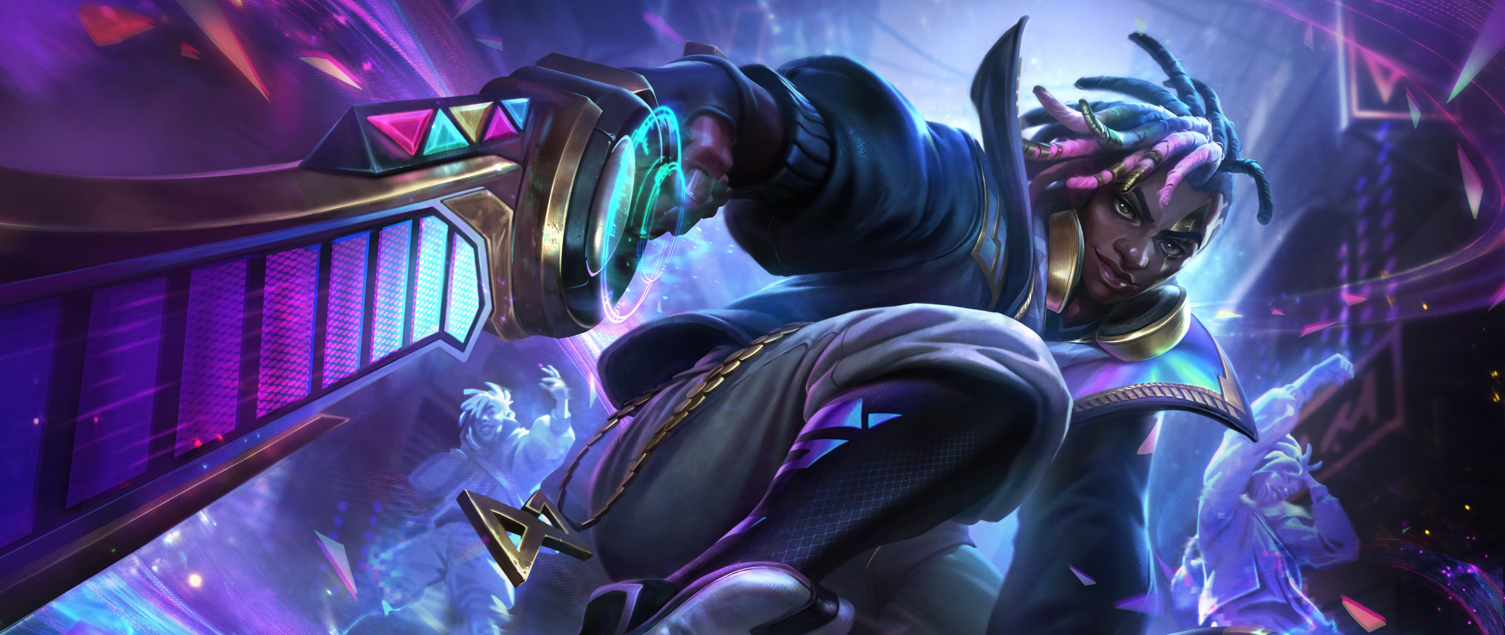 Un’illustrazione digitale ad alta risoluzione di Ekko, personaggio del videogioco League of Legends, con luci al neon e abbigliamento futuristico.