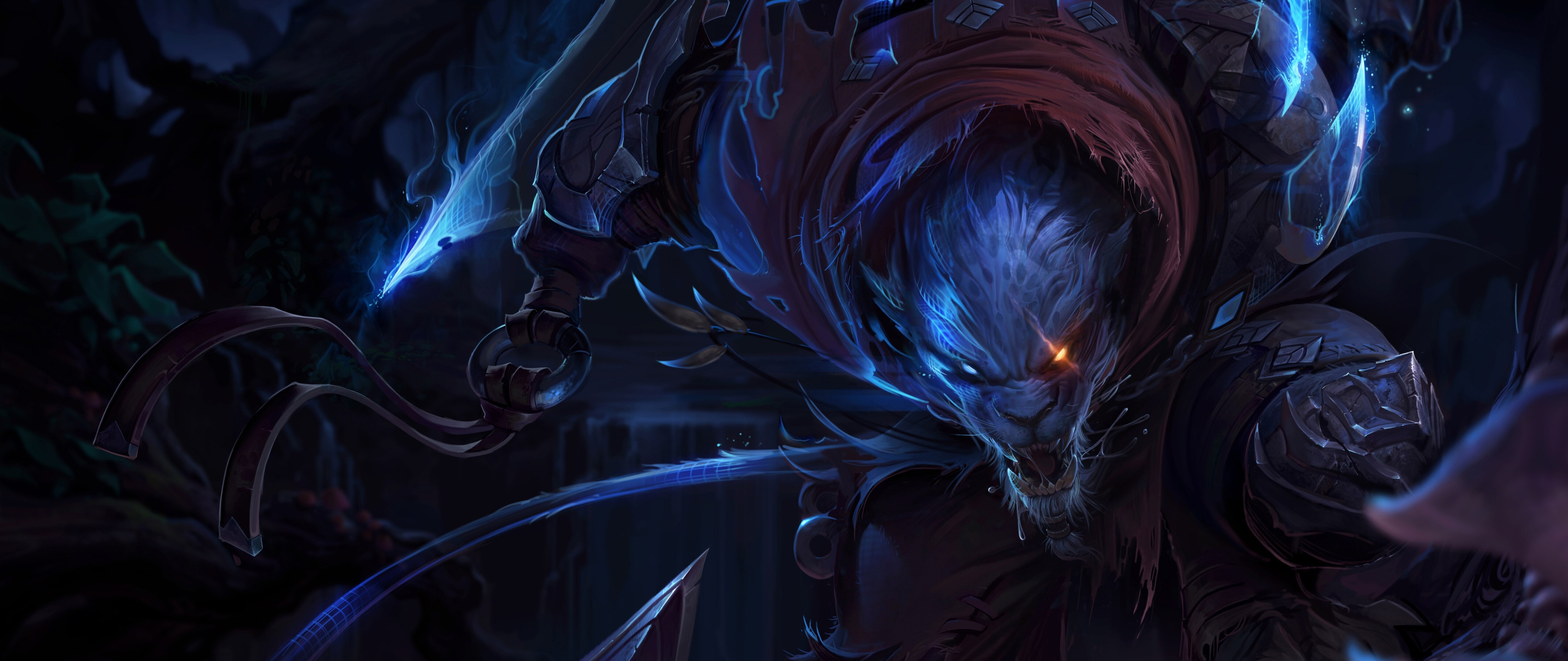 Un’illustrazione dettagliata del personaggio Rengar, proveniente dal gioco League of Legends, raffigurato in una posa pronta al combattimento.