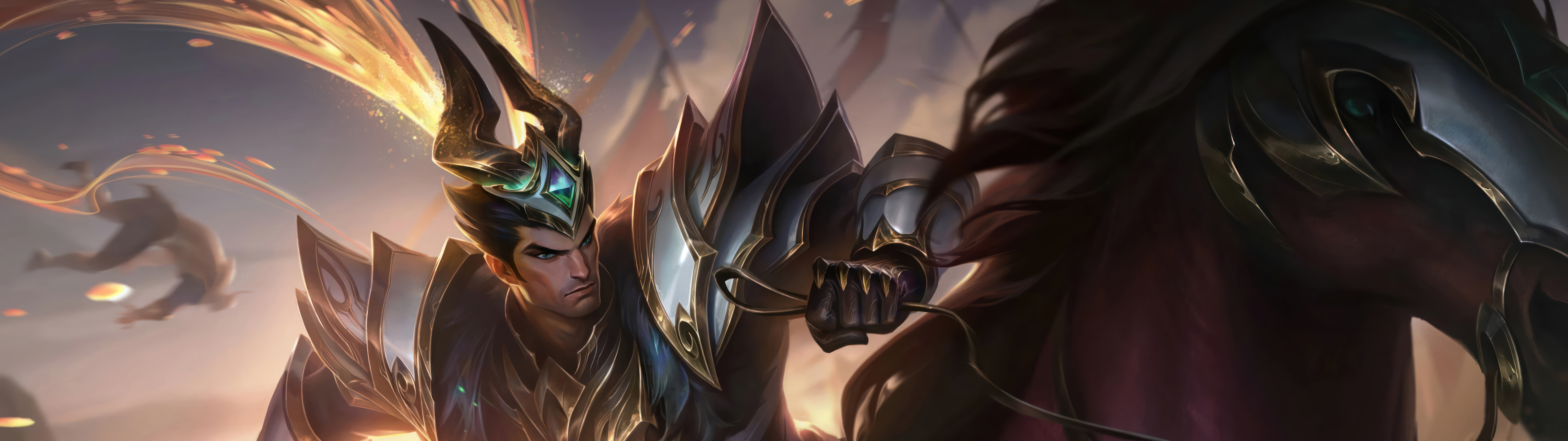 Jarvan IV, personaggio del videogioco League of Legends, impugna la sua lancia distintiva in una posa suggestiva.