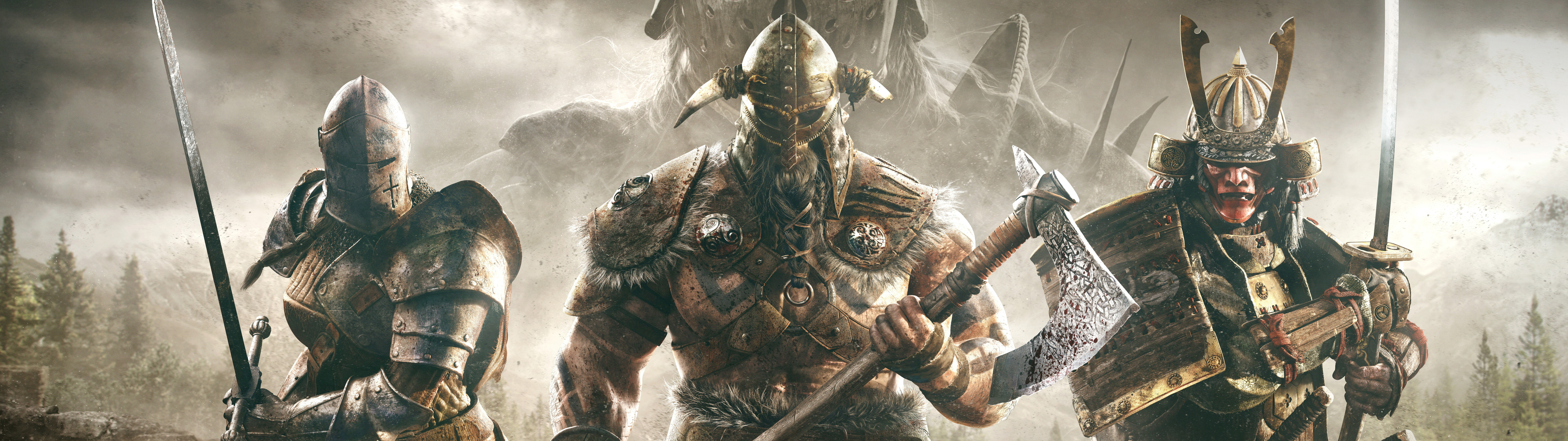 Un cavaliere pesantemente corazzato, proveniente dal videogioco For Honor, si prepara a combattere in un campo di battaglia medievale.