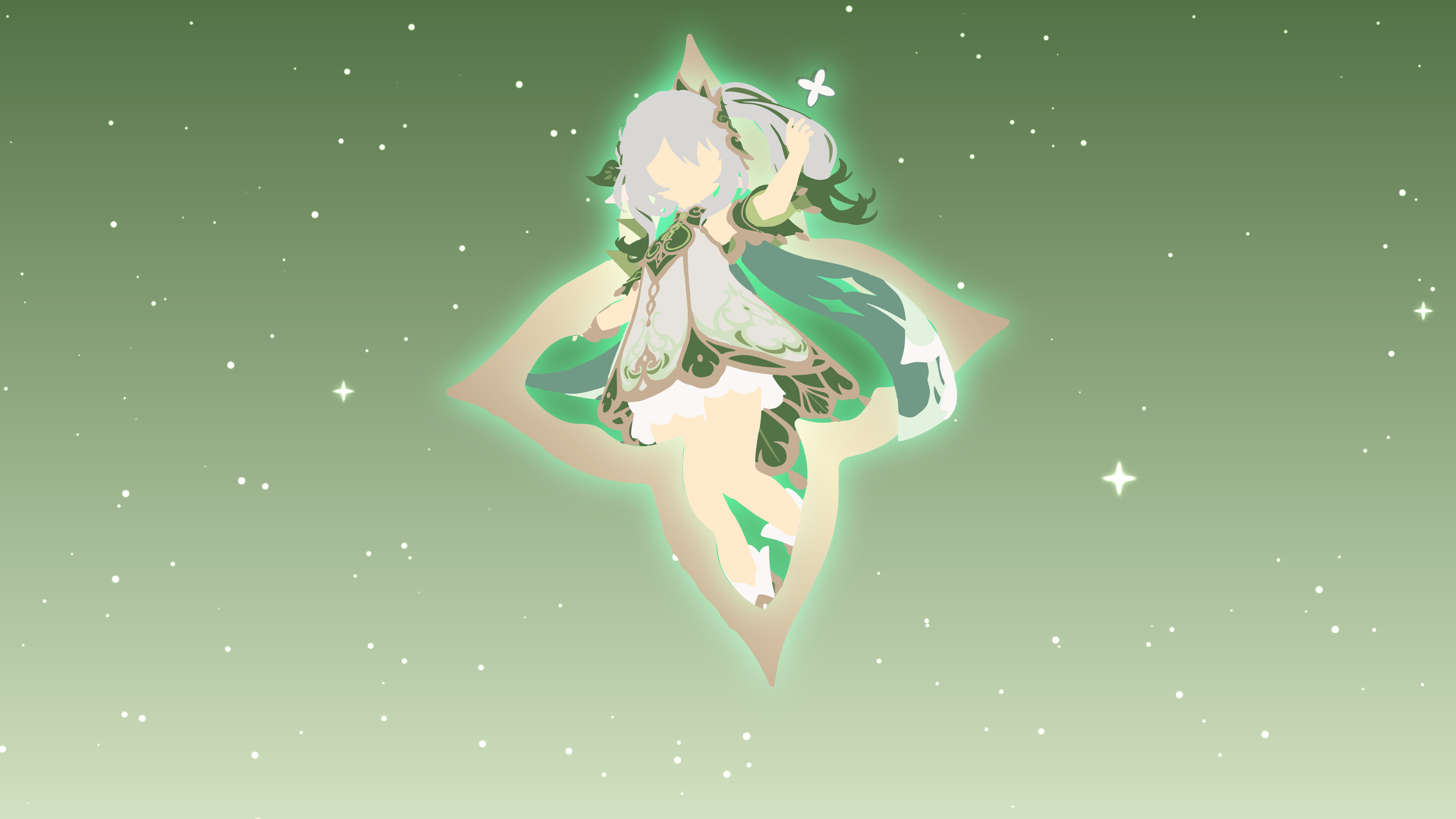 Un ritratto straordinario di Nahida, tratta dal videogioco Genshin Impact, in cui indossa il suo caratteristico abito verde e bianco e si evidenzia il tema dell’elemento Dendro.
