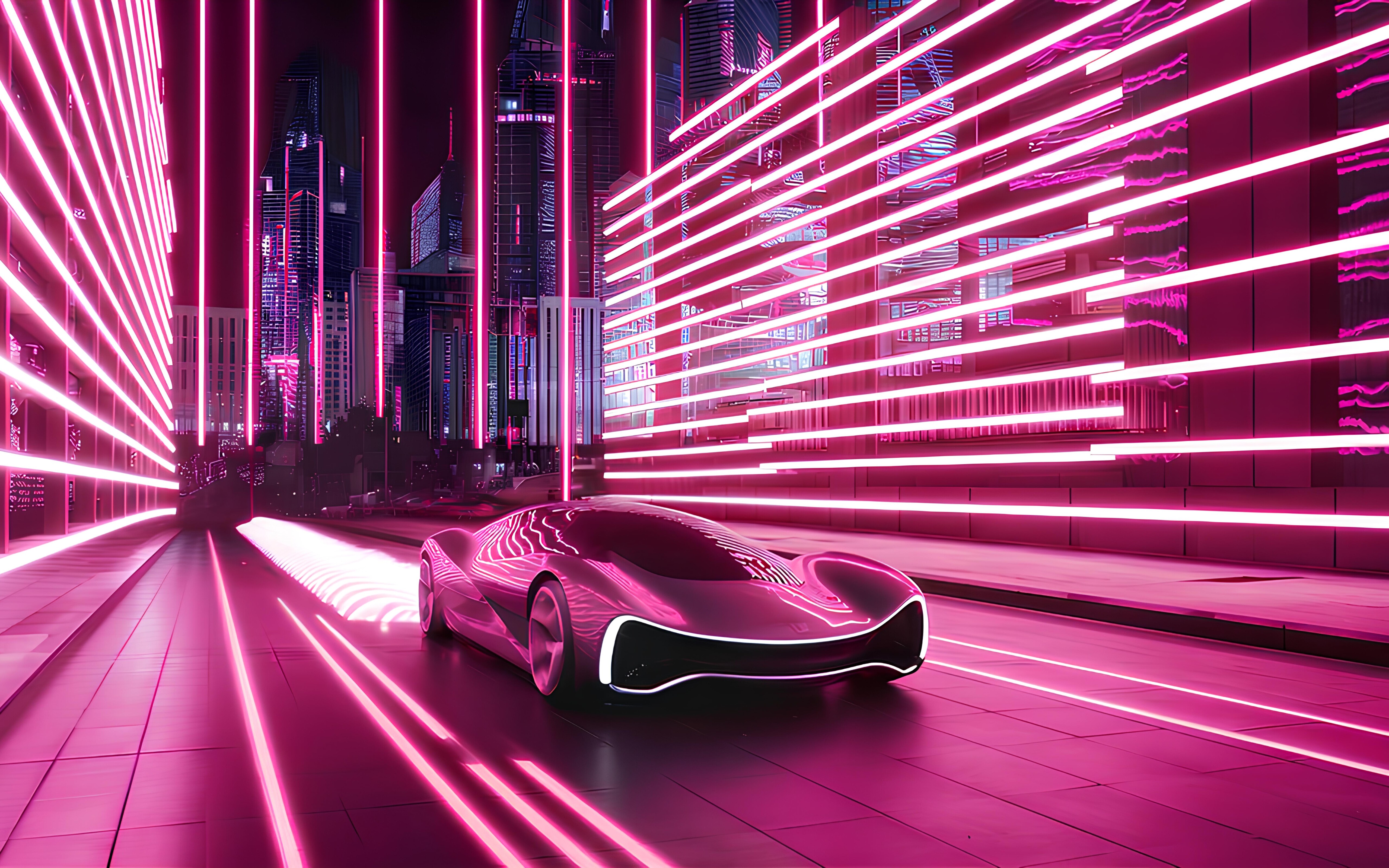 Un’auto futuristica e tecnologicamente avanzata che sfreccia attraverso un paesaggio urbano notturno illuminato da luci al neon.