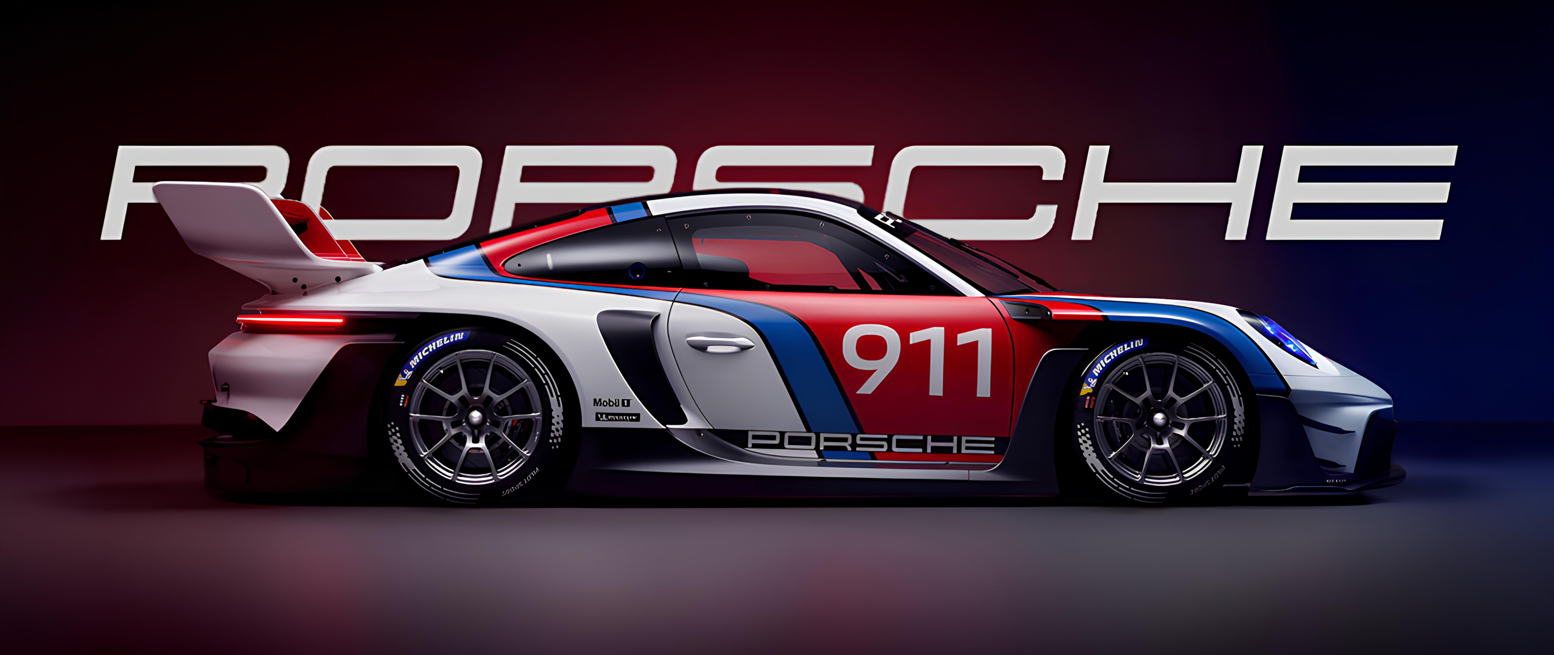 Una fotografia di alta qualità, esteticamente ricercata, che ritrae una Porsche 911 GT3, un’auto sportiva caratterizzata da linee eleganti e un’illuminazione suggestiva, quasi cinematografica.