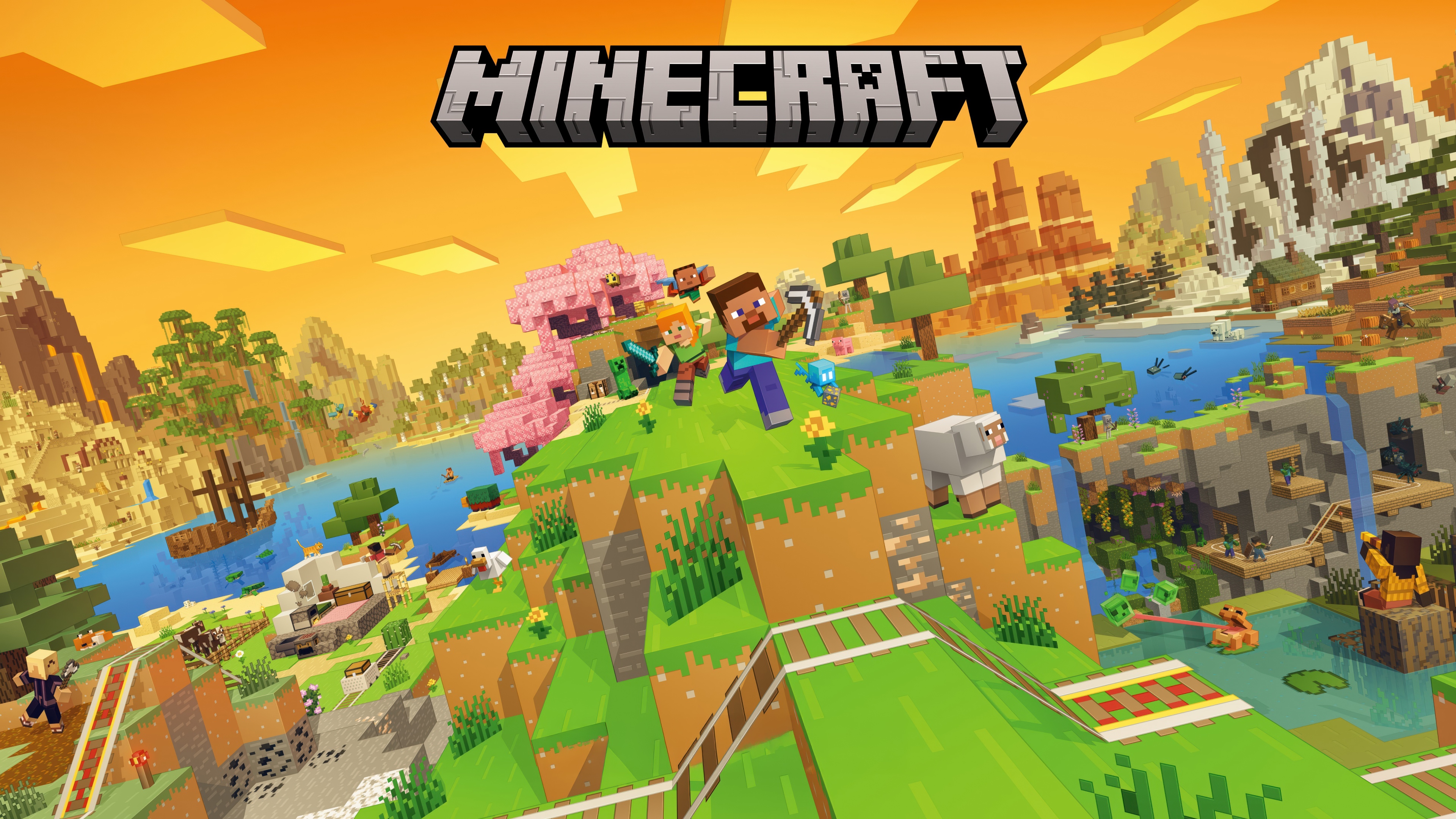 Immagine promozionale in formato cinematografico 5K per la Minecraft Deluxe Edition, che mostra Steve in un lussureggiante mondo voxel ricco di dettagli.