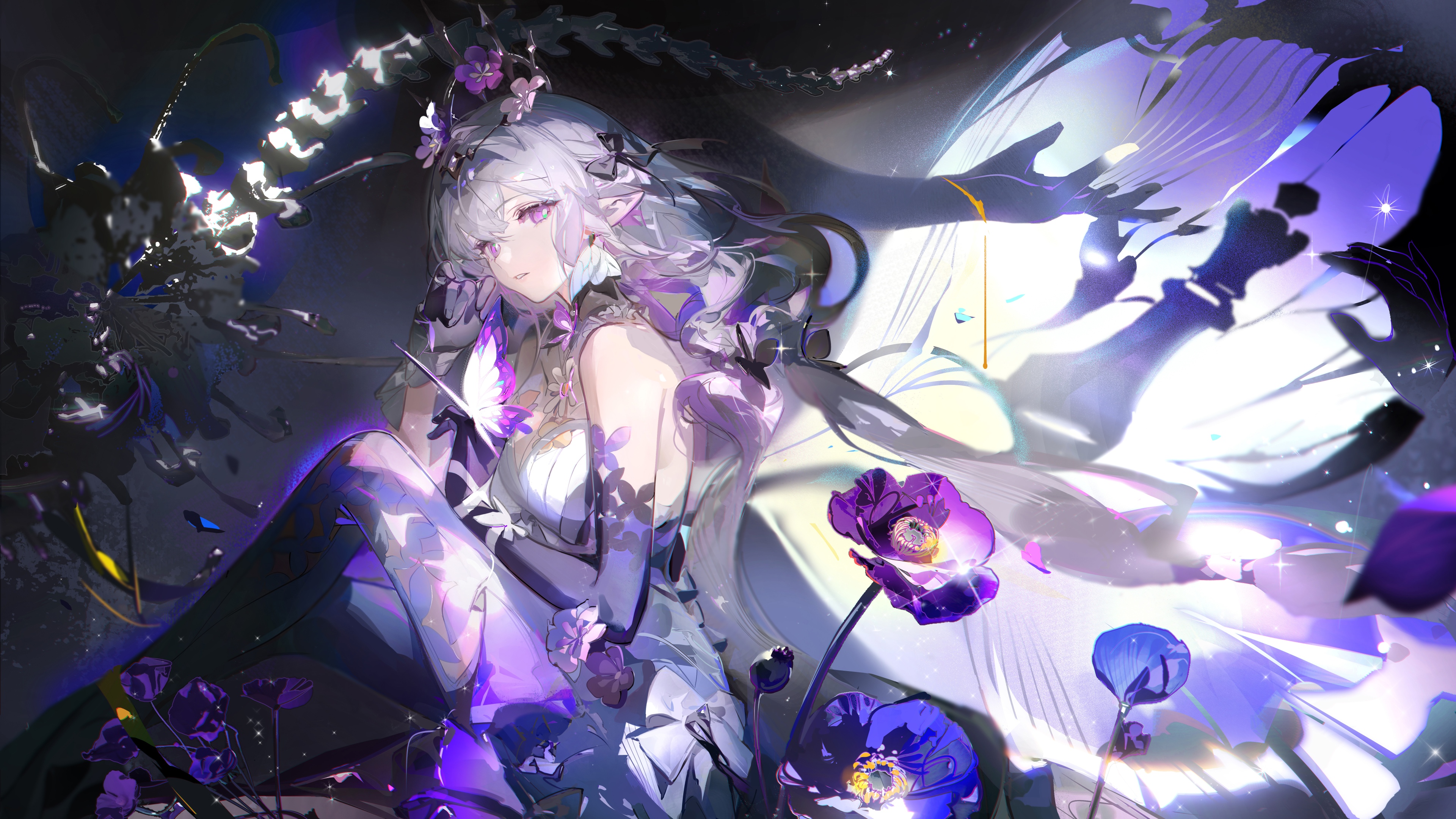 Ritratto dettagliato di una ragazza in stile anime, con occhi viola e un’estetica a tema viola, nello stile di Honkai Star Rail.