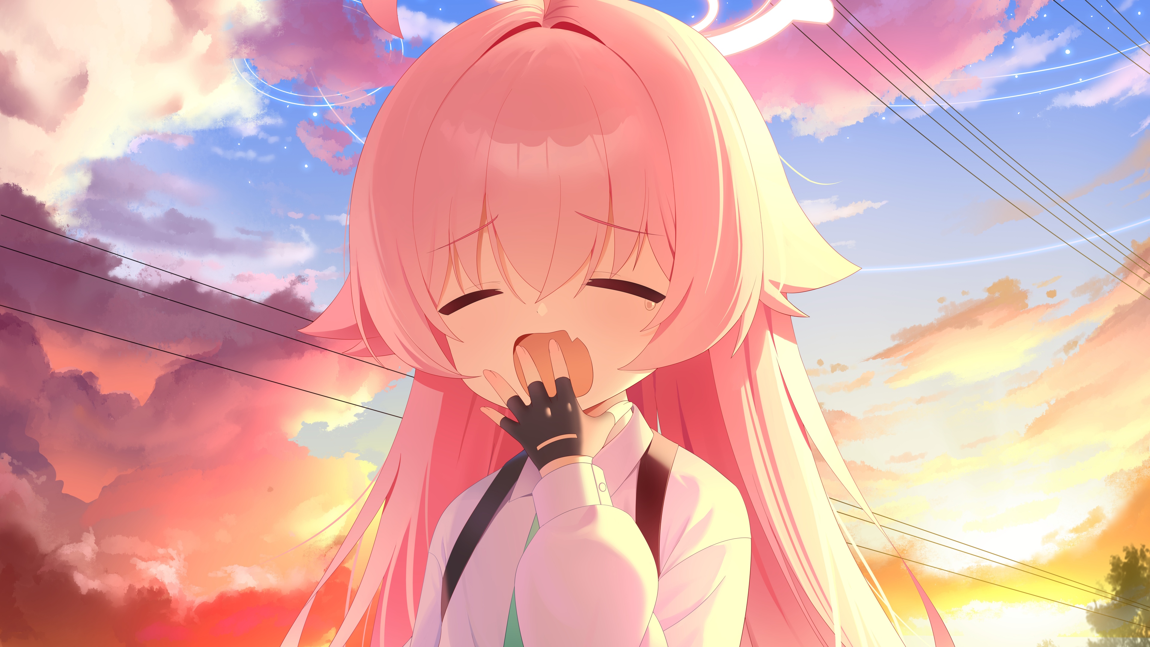 Aris, personaggio del gioco Blue Archive, con i capelli rosa, sbadiglia durante un tramonto dai colori vivaci.