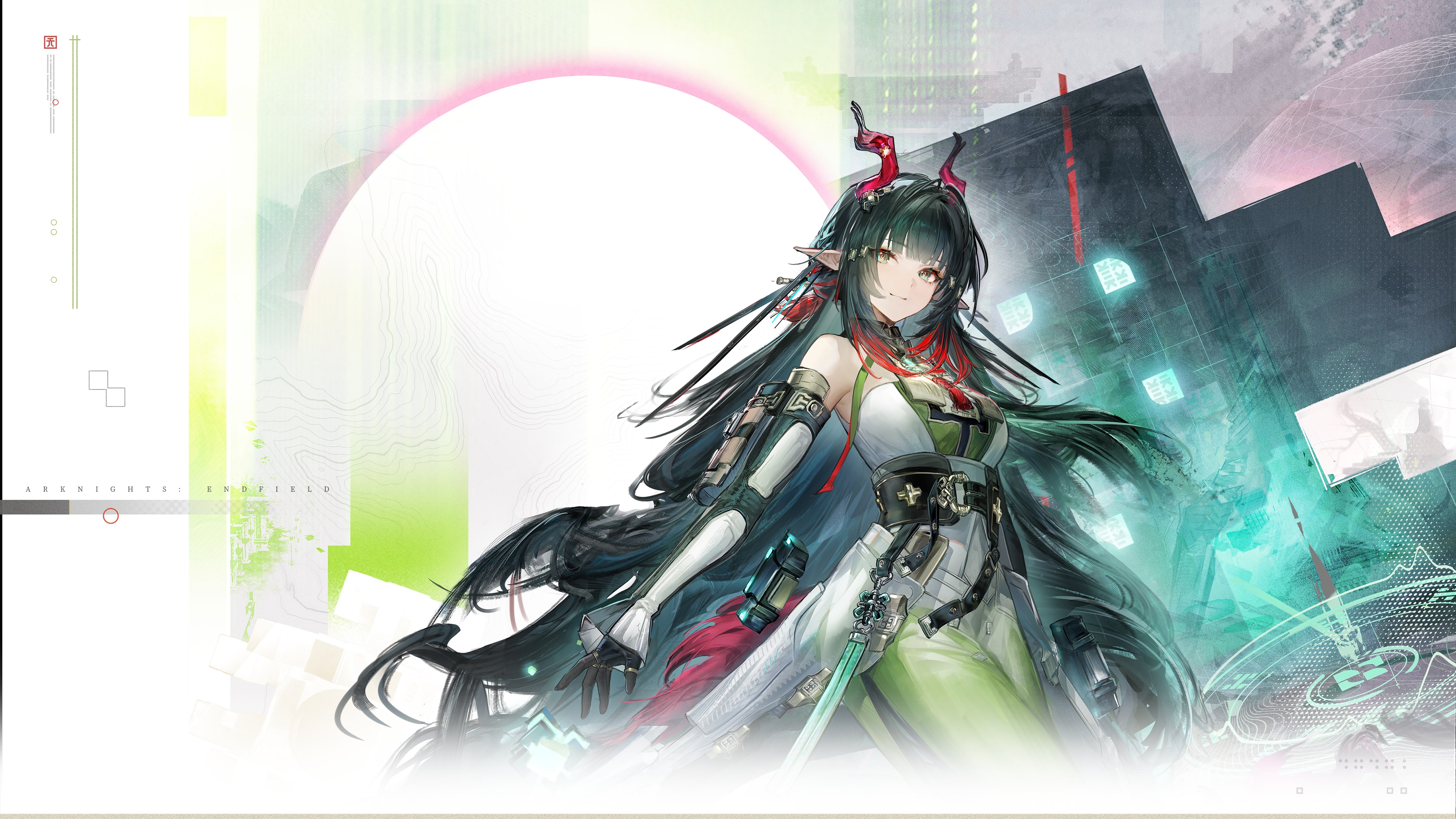 Ragazza in stile anime che indossa un abbigliamento tattico futuristico ispirato al gioco Arknights: Endfield.