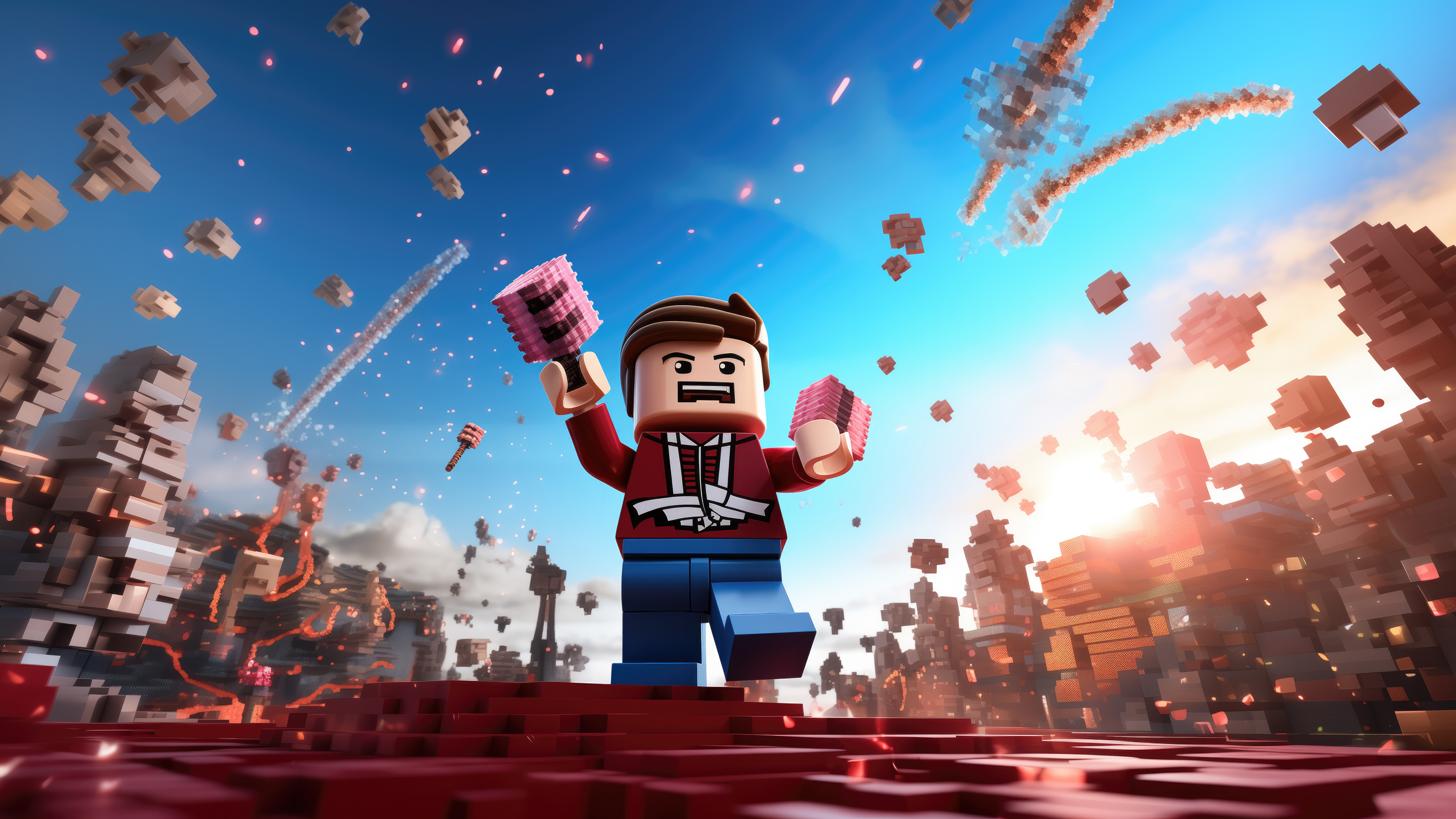 Un personaggio tridimensionale composto da blocchi colorati e texture pixelate, che fonde gli stili di LEGO e Roblox.