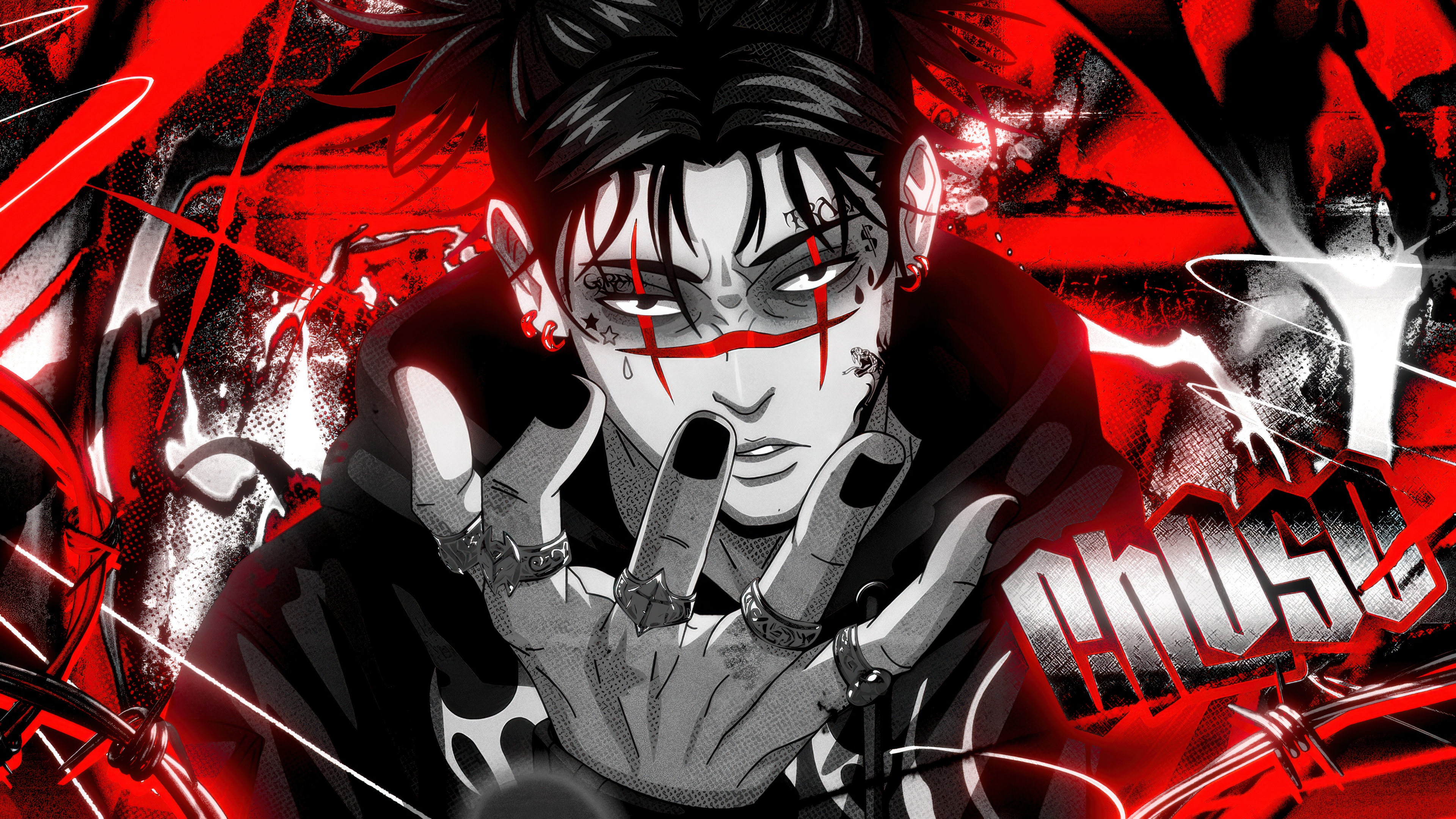 Un ritratto suggestivo e ricco di dettagli di Choso, tratto da Jujutsu Kaisen, caratterizzato da una vivace estetica rossa.