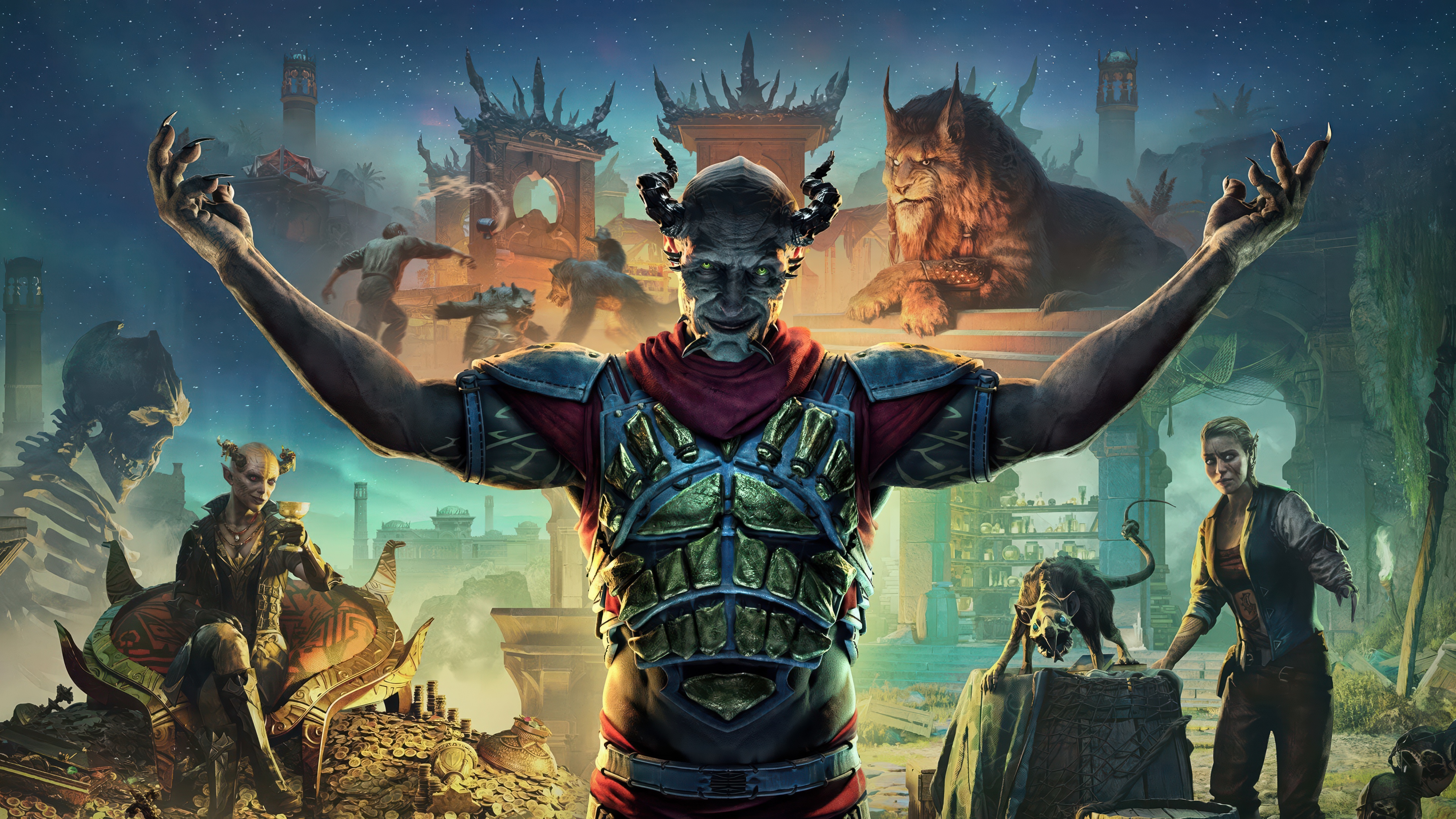 Grafica di gioco cinematografica in formato ultra-panoramico 5K, con un guerriero cibernetico futuristico ambientato in una città fantascientifica illuminata da luci al neon.