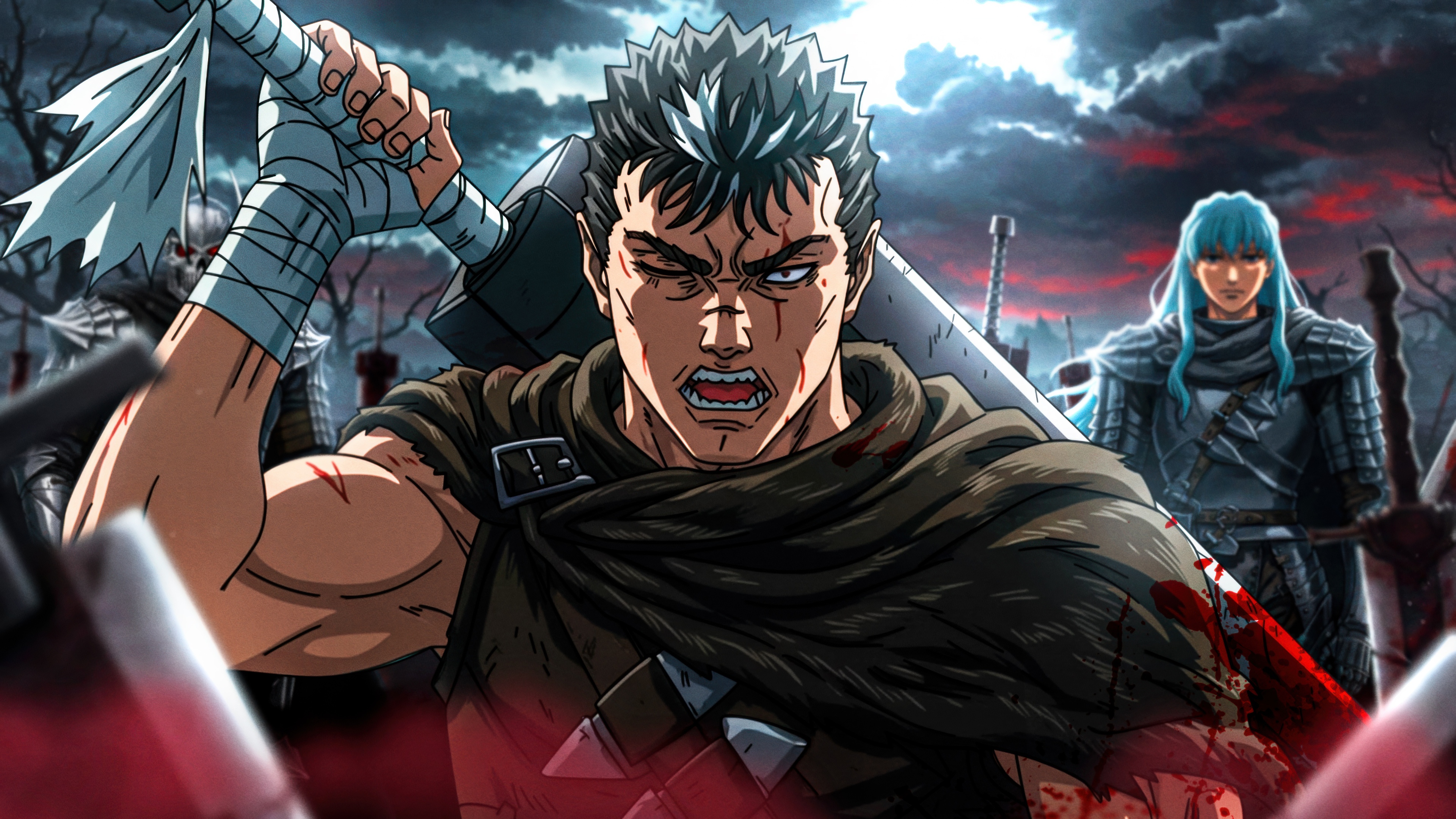 Guts, protagonista del manga Berserk, brandisce la sua leggendaria spada Dragon Slayer nel bel mezzo della battaglia.