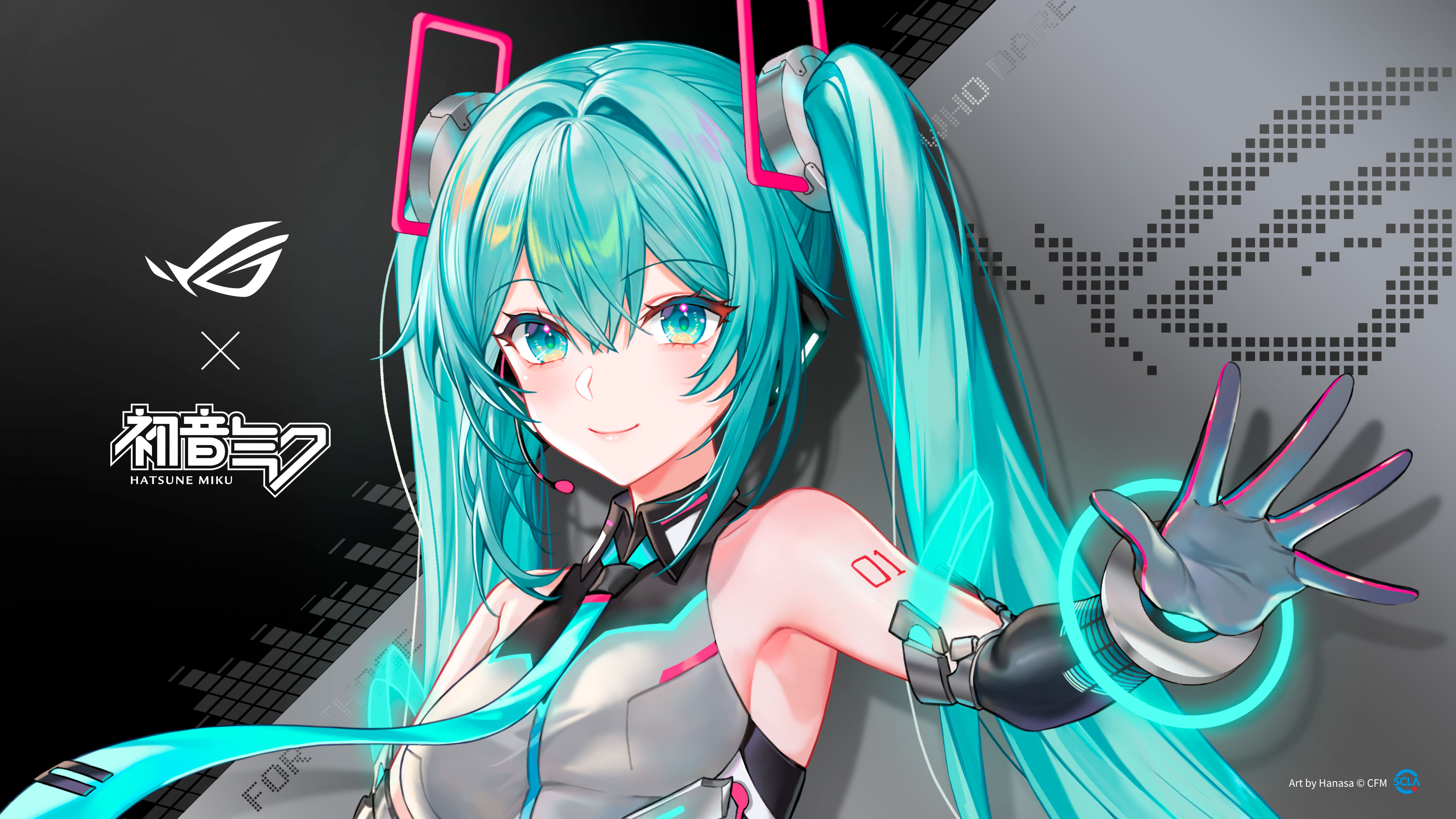 Hatsune Miku, personaggio di Vocaloid, indossa un abbigliamento futuristico da gaming della linea ASUS ROG, caratterizzato da luci al neon di colore ciano ed elementi di abbigliamento tecnico.