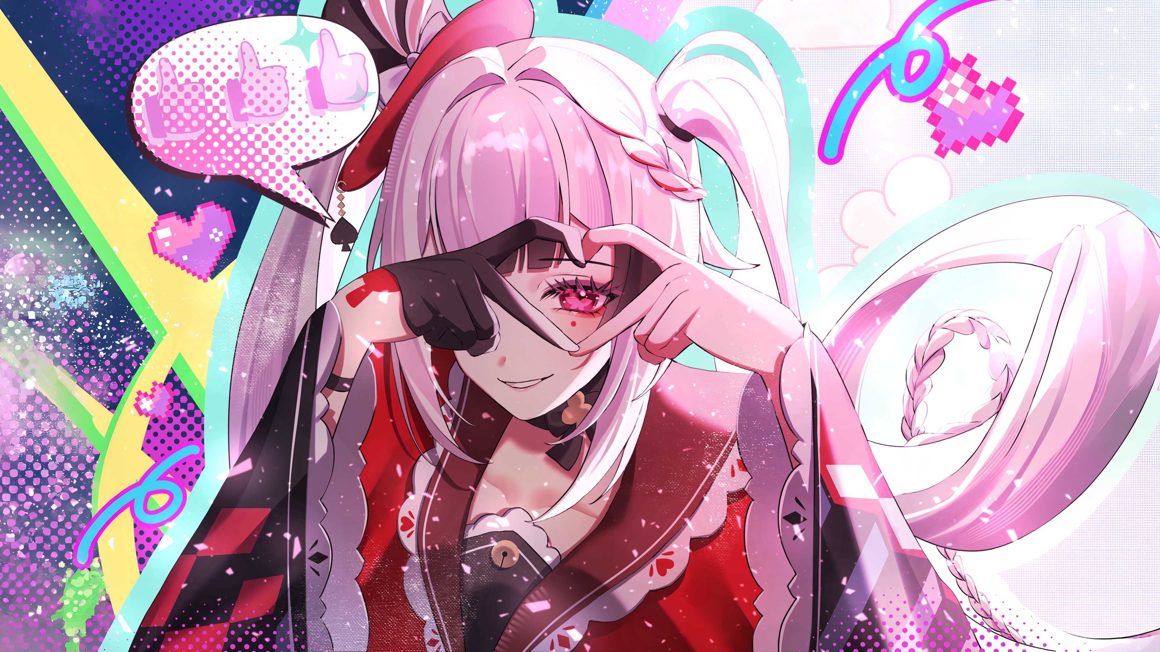 Un’immagine in altissima risoluzione (5K) di una ragazza in stile anime, circondata da cuori rosa e rossi fluttuanti, ispirata all’estetica di Honkai: Star Rail.
