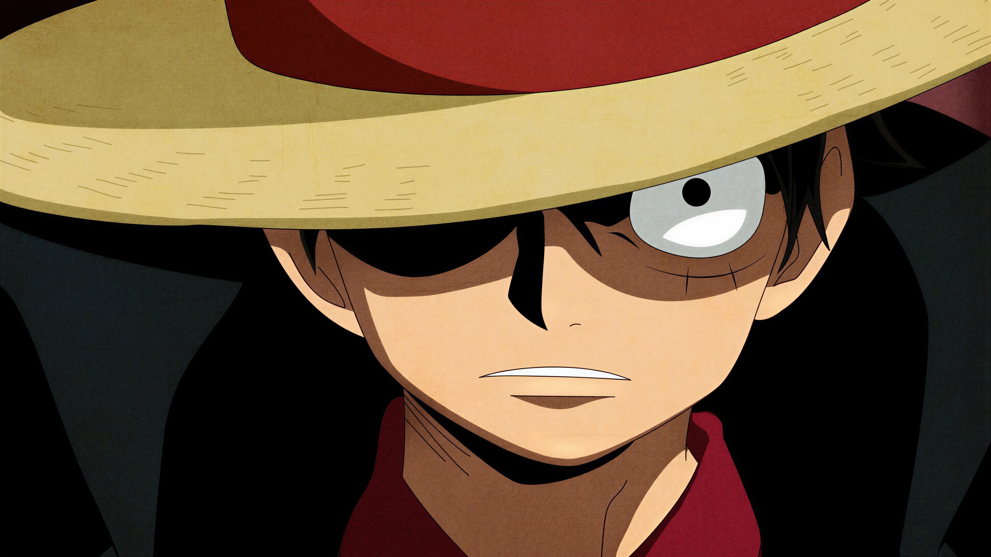 Un ritratto ravvicinato, ad alta risoluzione e molto intenso, del personaggio Monkey D. Luffy, tratto dall’anime One Piece.