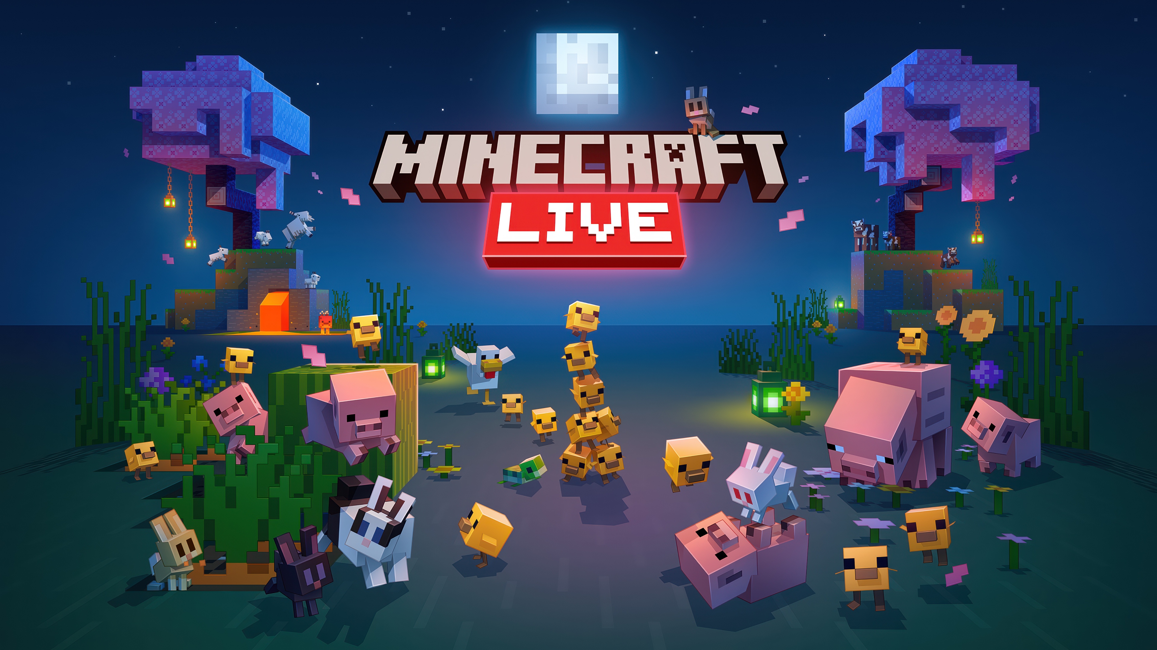 Grafica di gioco in stile cinematografico, con risoluzione 5K, che raffigura Steve di Minecraft in piedi in un mondo lussureggiante e ricco di dettagli, composto da blocchi, durante l’evento Minecraft Live 2026.