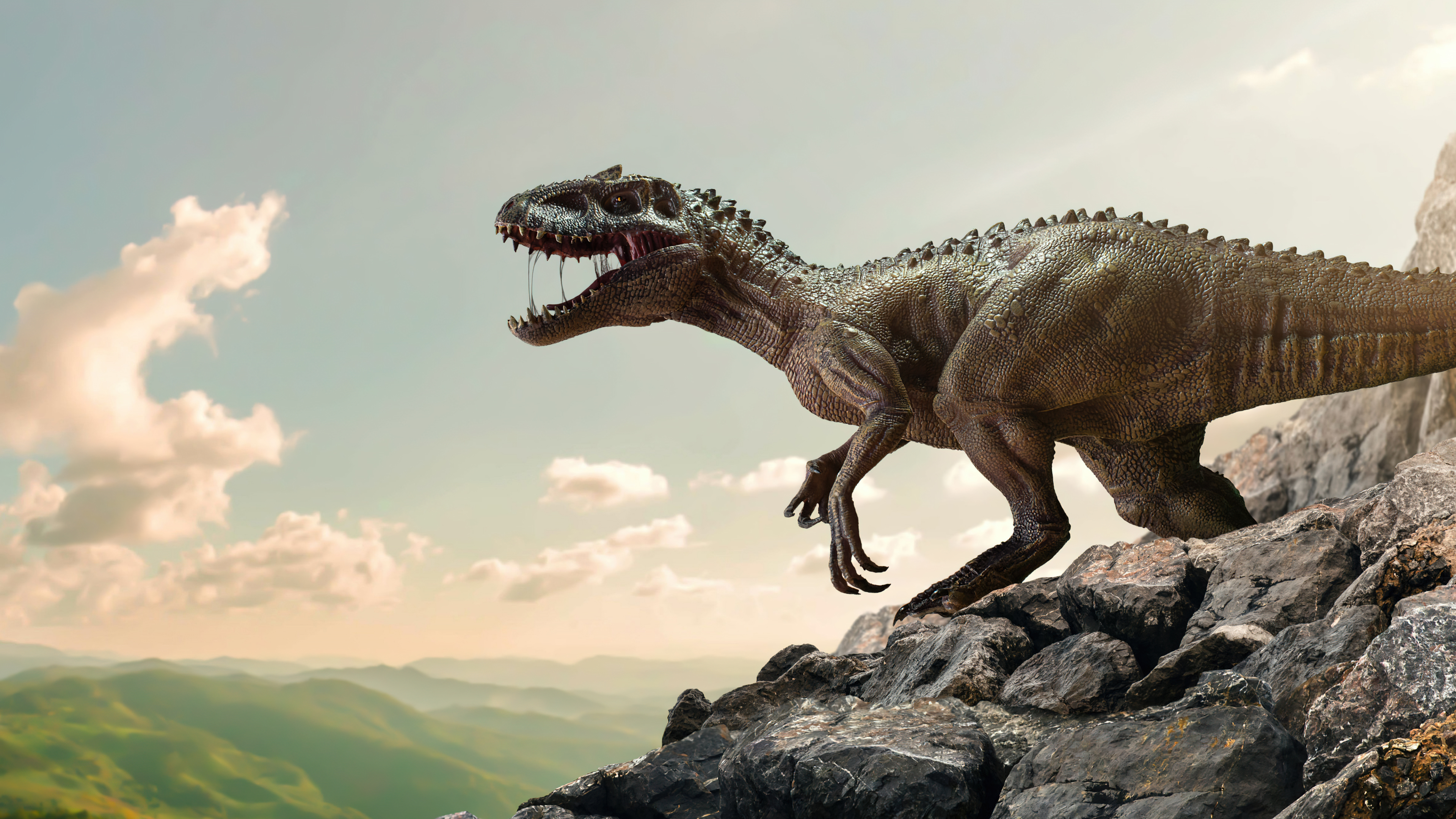 Un enorme dinosauro che si erge tra massi grigi e antiche formazioni rocciose in un ambiente preistorico.