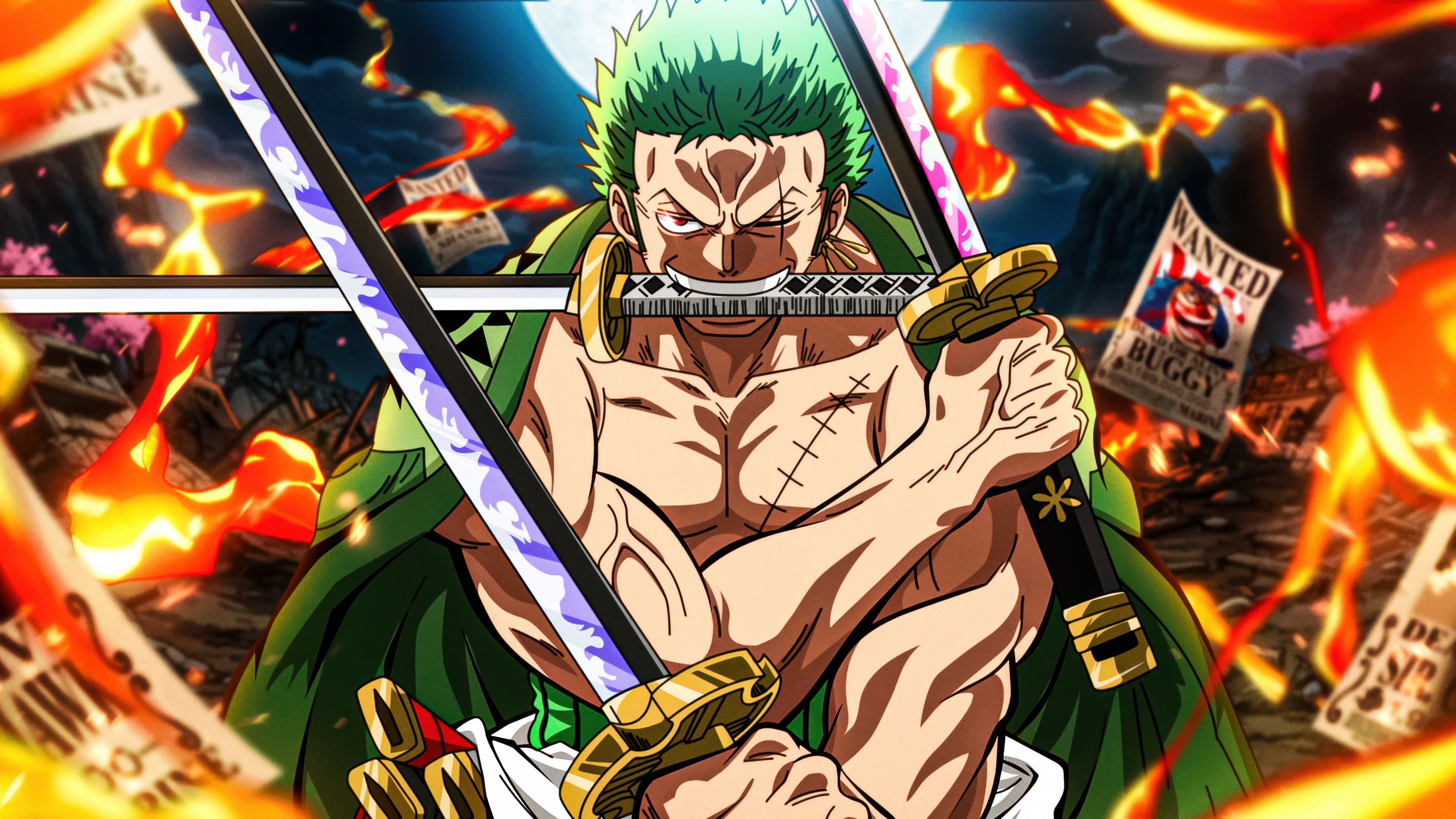 Roronoa Zoro, personaggio di One Piece, mentre maneggia le sue spade utilizzando la tecnica del «Tre Stili di Spada».