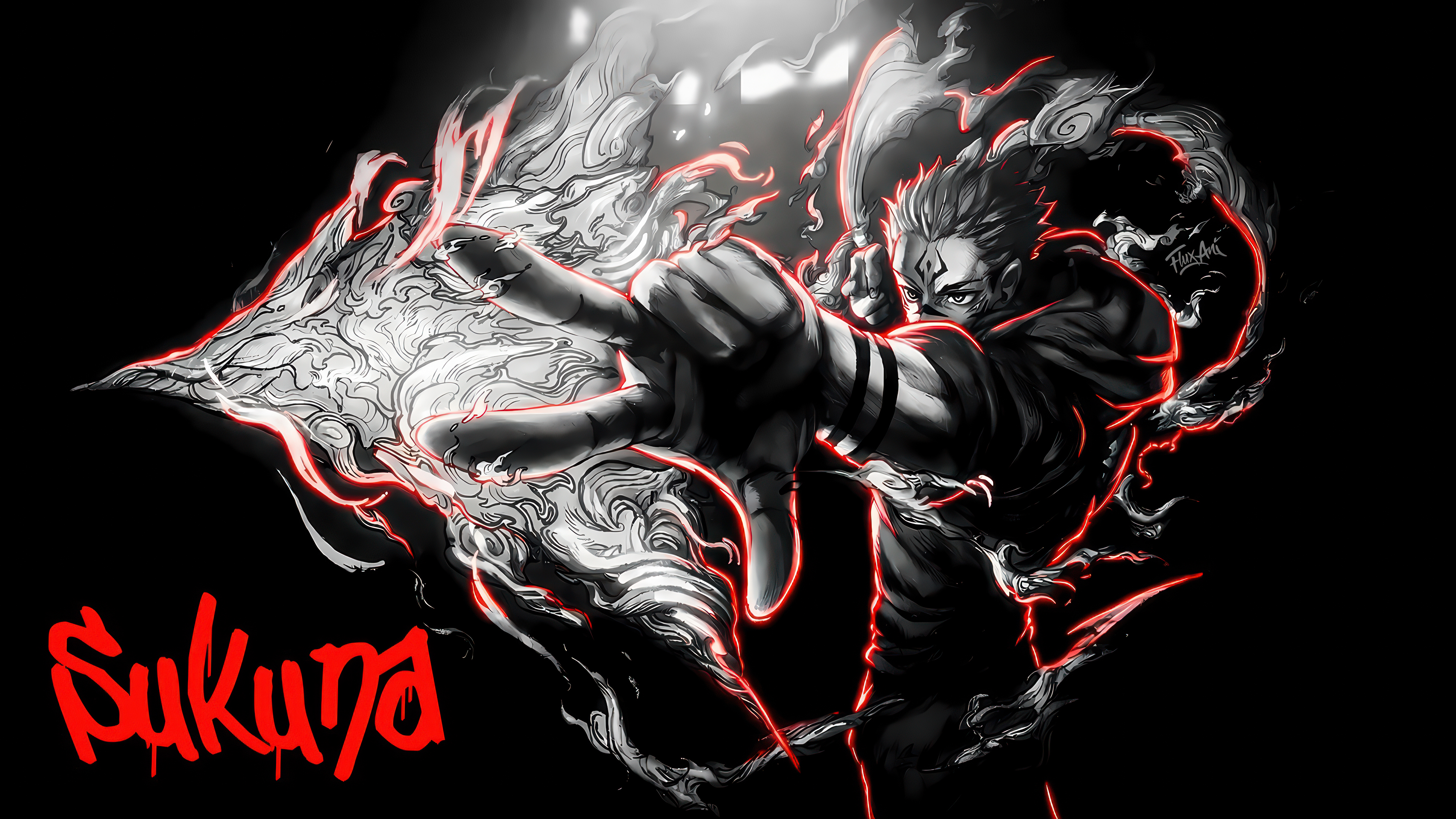 Ryomen Sukuna, personaggio di Jujutsu Kaisen, raffigurato in una posa dinamica in bianco e nero, con effetti di fuoco.
