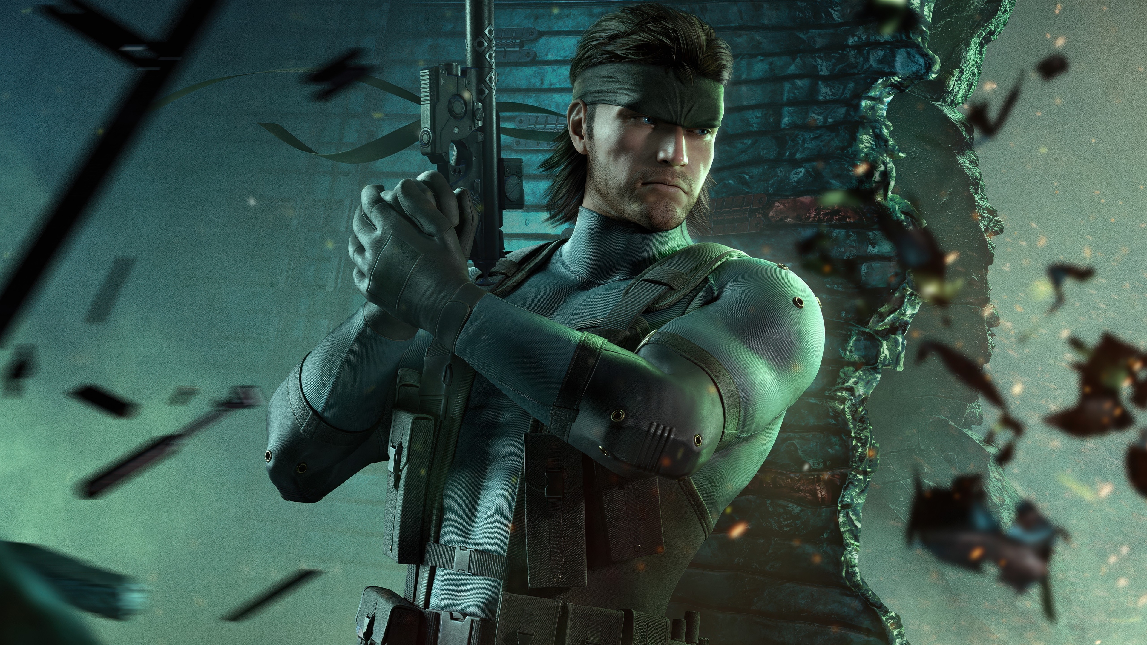 Un ritratto cinematografico e ad alta risoluzione di Solid Snake, protagonista di Metal Gear Solid, che mette in risalto i dettagli realistici del volto e l’equipaggiamento tattico utilizzato in combattimento.