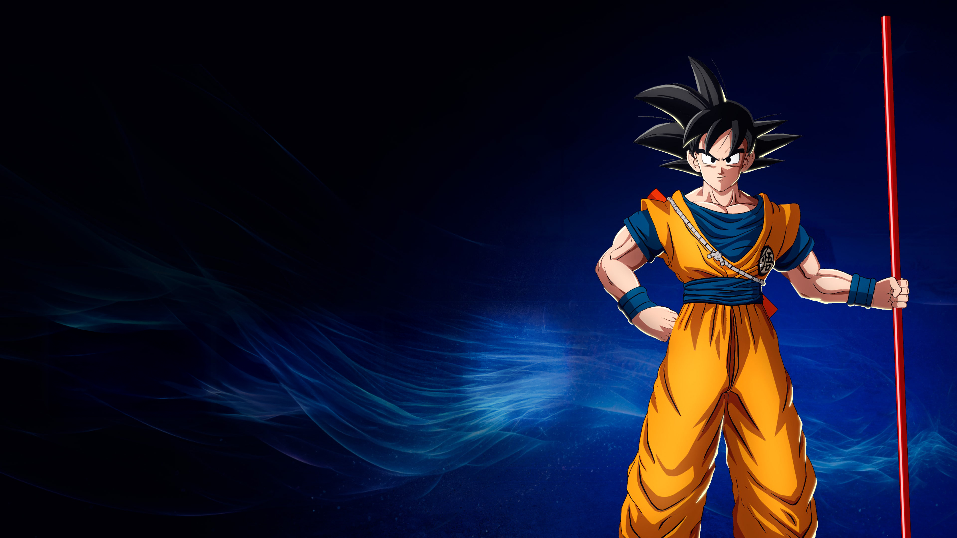 Son Goku che brandisce il Bastone Magico in un contesto di Dragon Ball Sparking! Zero caratterizzato da uno stile grafico cupo e dai toni blu scuro.