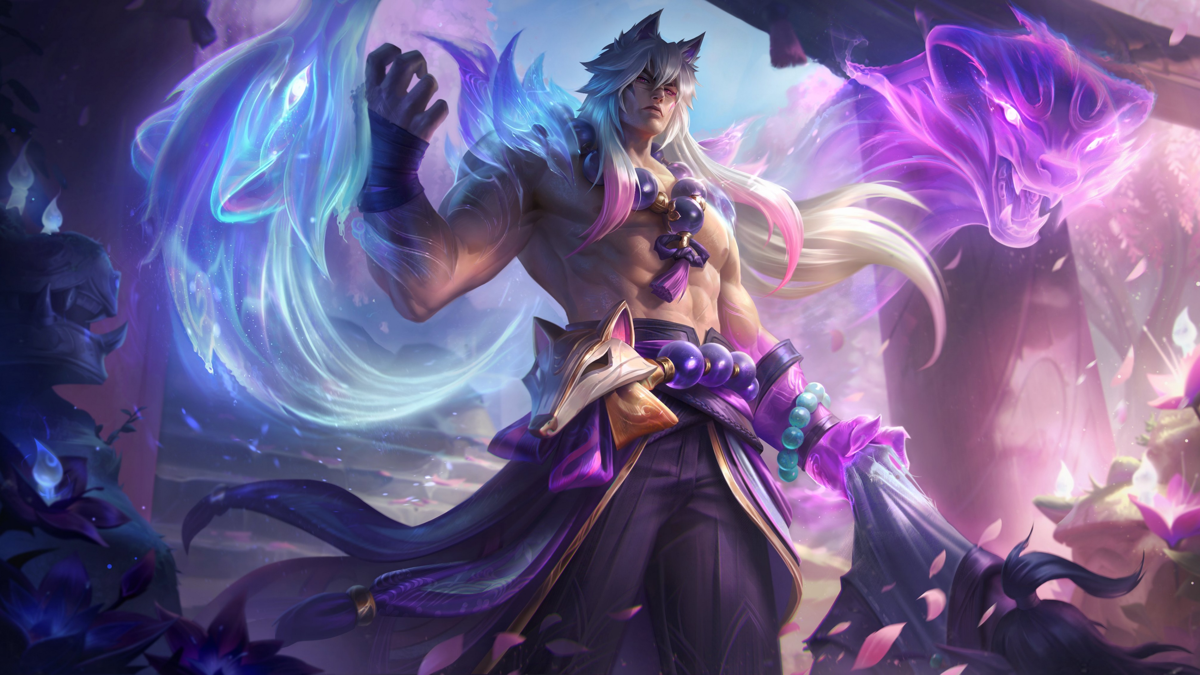 Sett, personaggio del videogioco League of Legends, è presente nella linea di skin a tema Spirit Blossom, circondato da fiori magici luminosi e immerso in un’atmosfera mistica.