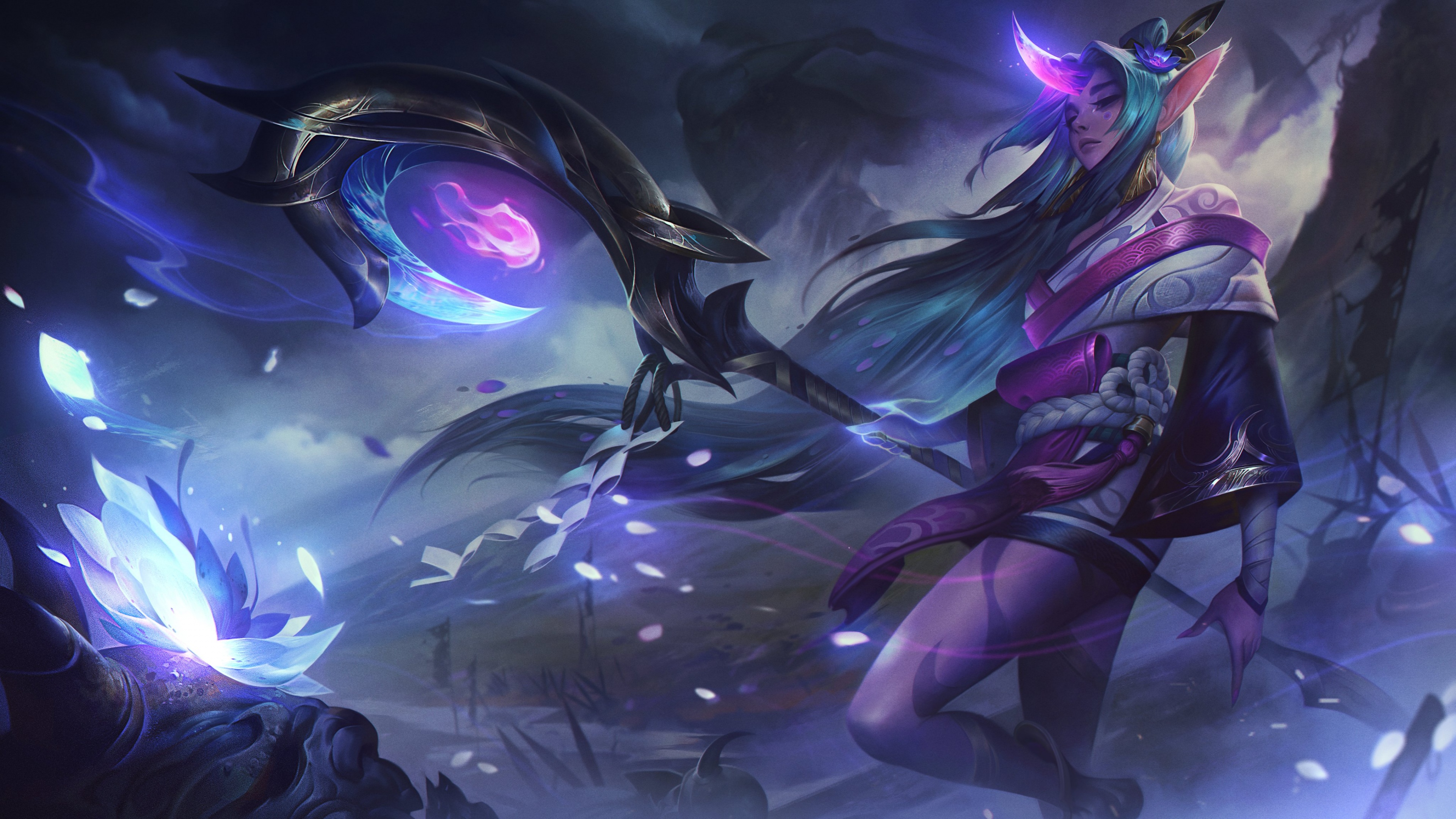 Soraka, tratta dal videogioco League of Legends, indossa il suo costume a tema «Spirit Blossom», caratterizzato da un’estetica eterea e celestiale e da fiori magici.