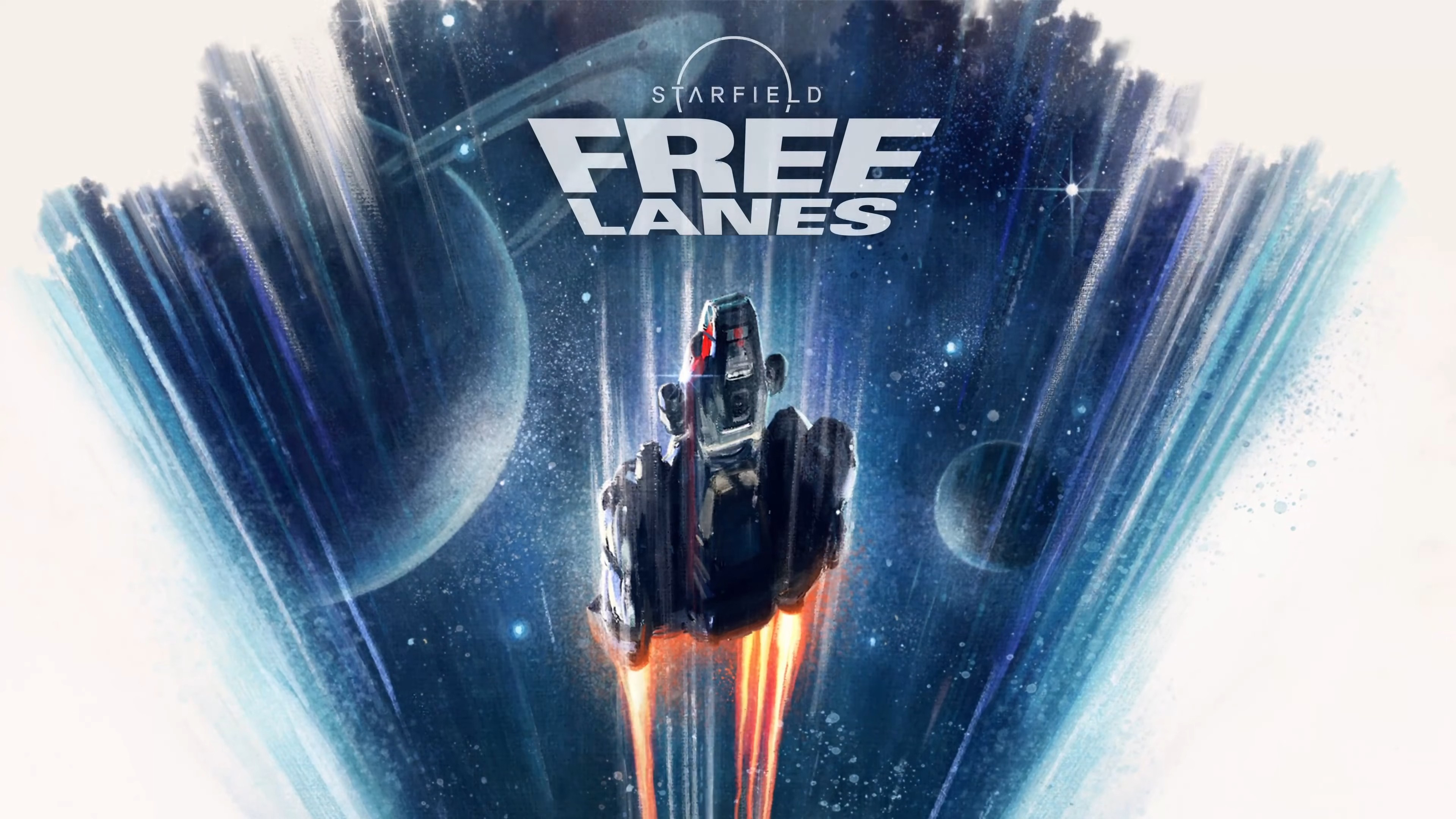 Una suggestiva immagine cinematografica di un esploratore di Starfield, con indosso una tuta spaziale dettagliata, che osserva una colorata nebulosa e le superfici di un pianeta alieno.