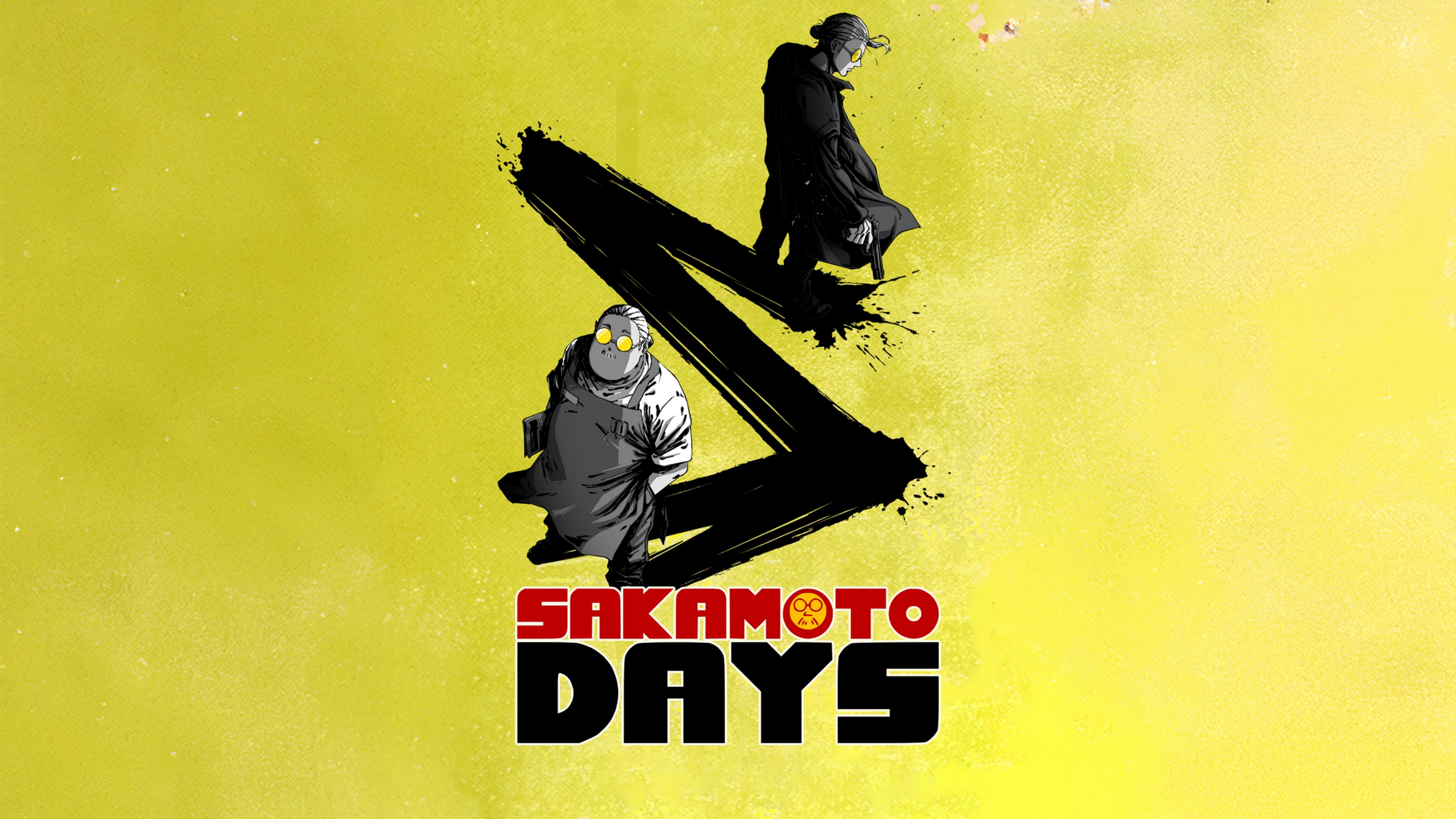 Taro Sakamoto, protagonista di Sakamoto Days, su uno sfondo giallo acceso.