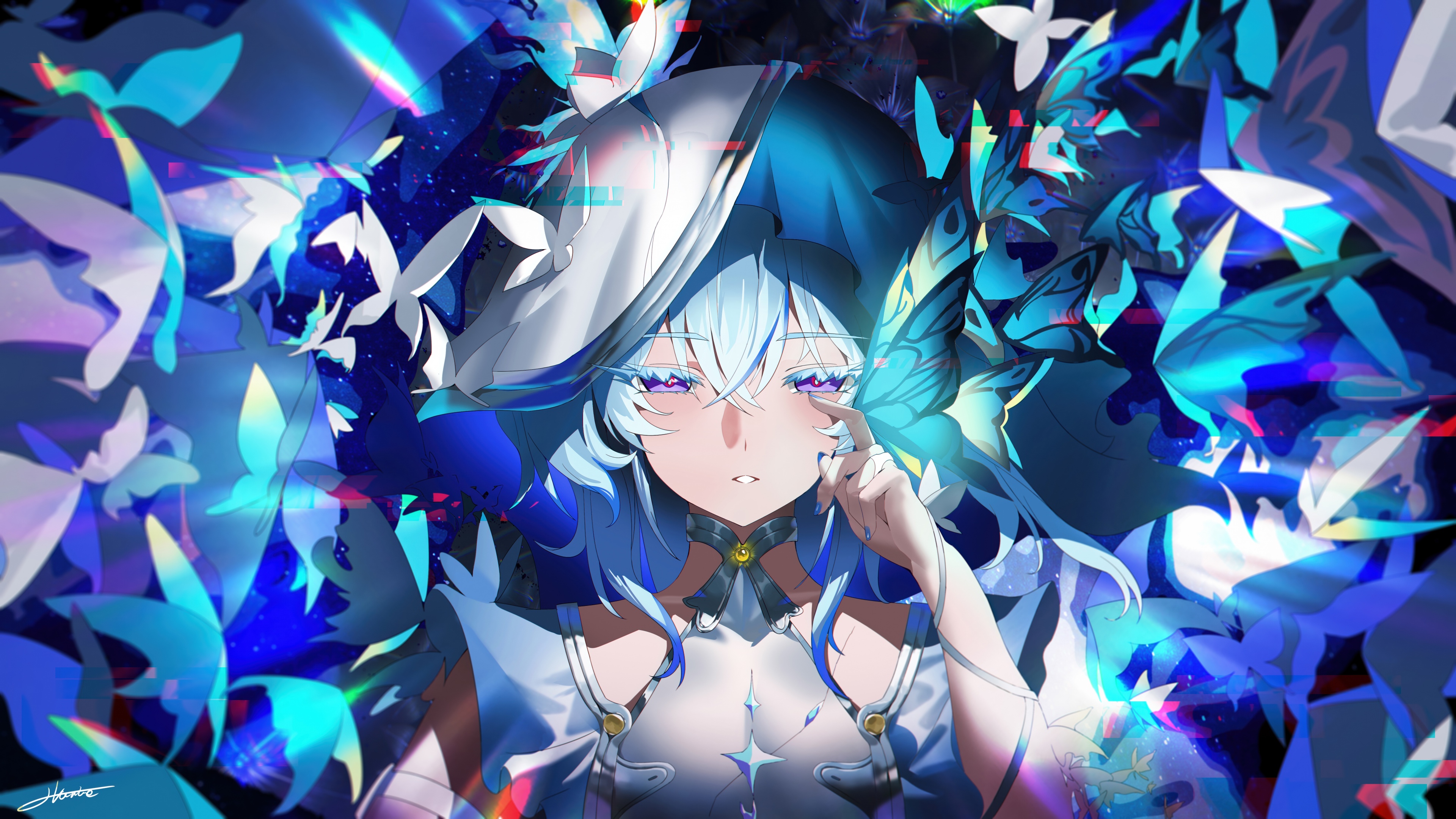 Il personaggio Shorekeeper, proveniente dal gioco Wuthering Waves, è raffigurato circondato da farfalle blu luminose, in uno stile anime ad alta risoluzione.