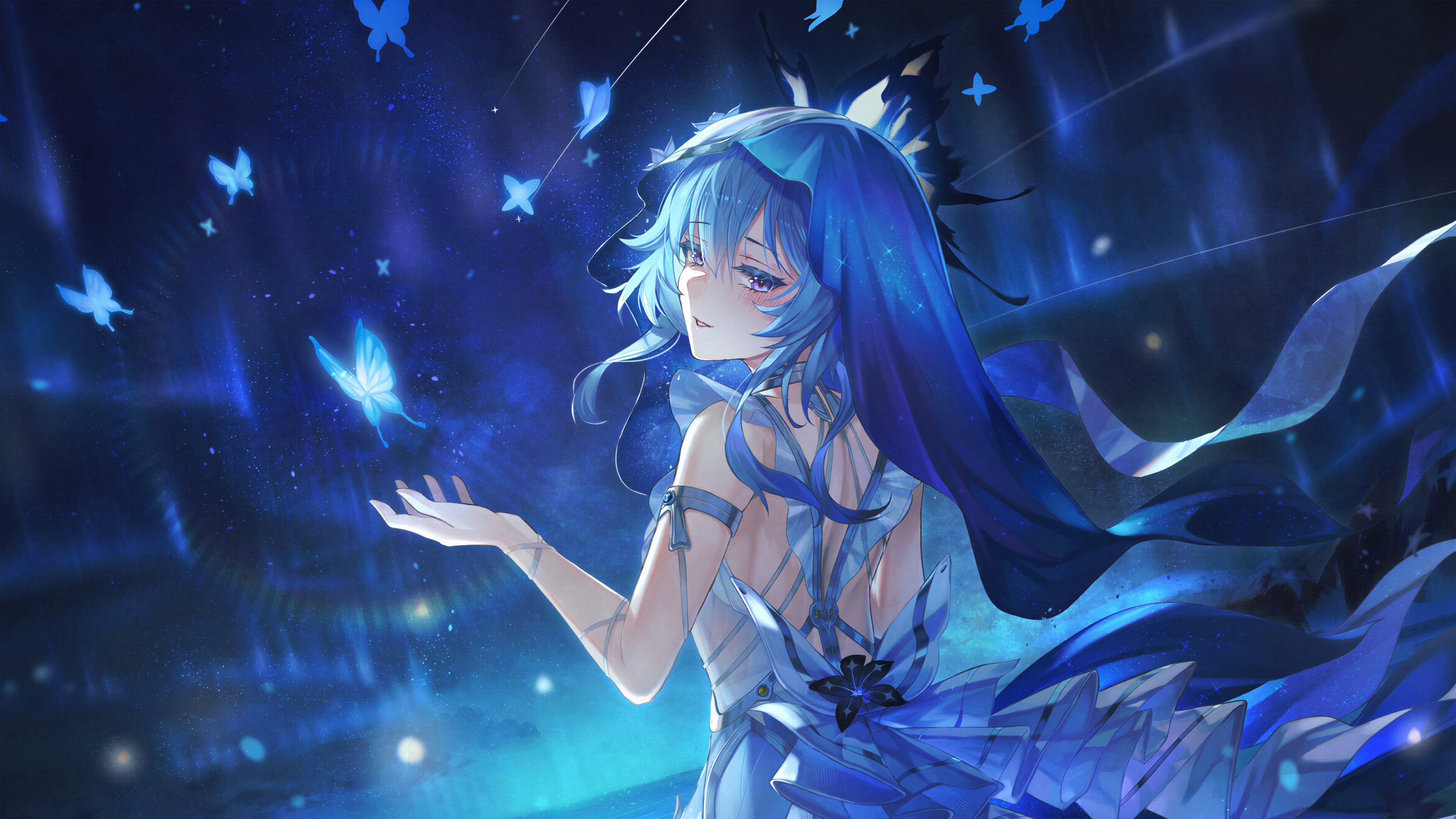 Il personaggio Shorekeeper del gioco Wuthering Waves, rappresentato in un contesto sereno e dai toni blu, circondato da farfalle.