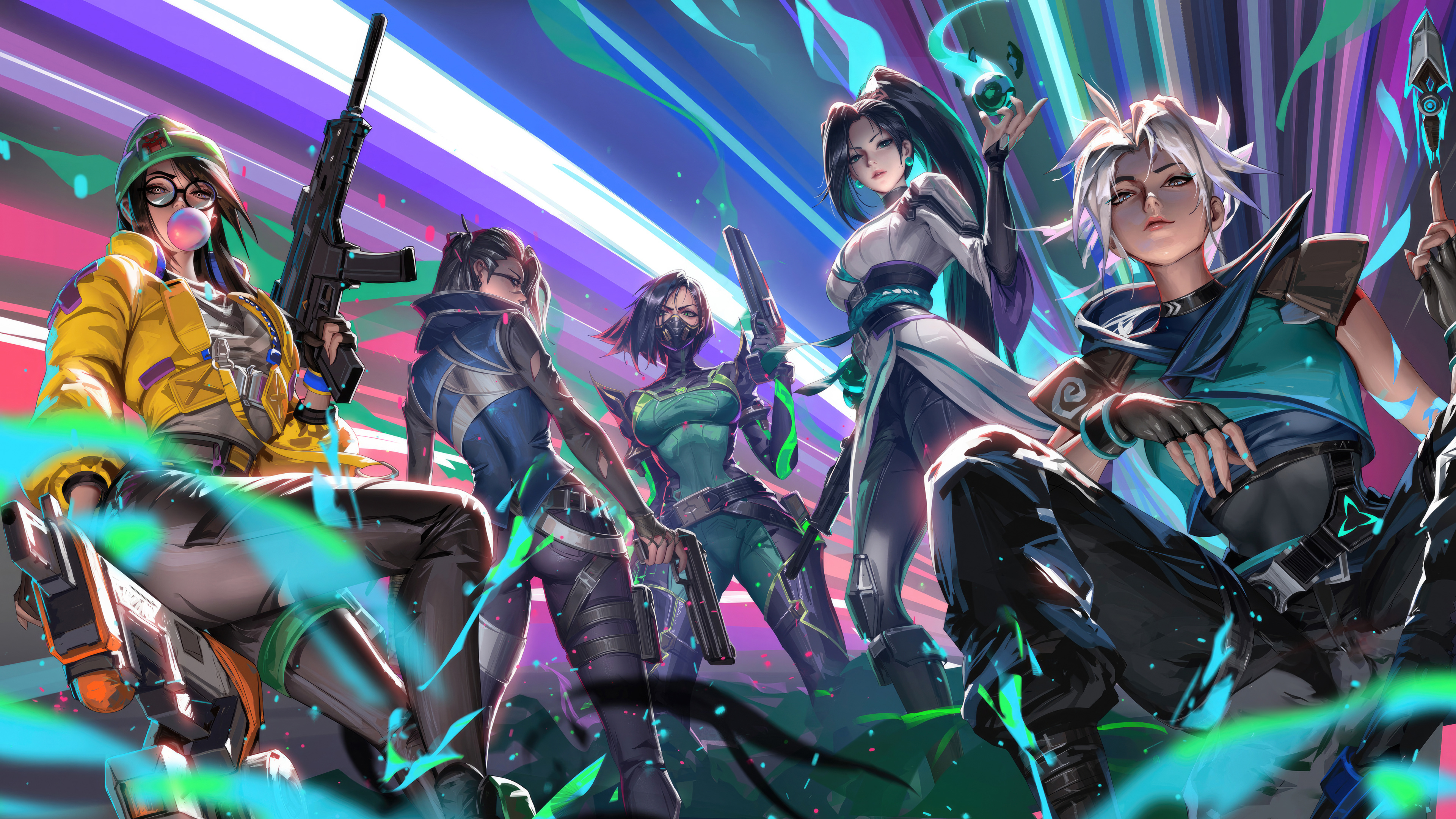 Un ritratto di gruppo dei personaggi di Valorant: Viper, Sage, Jett, Killjoy e Fade.