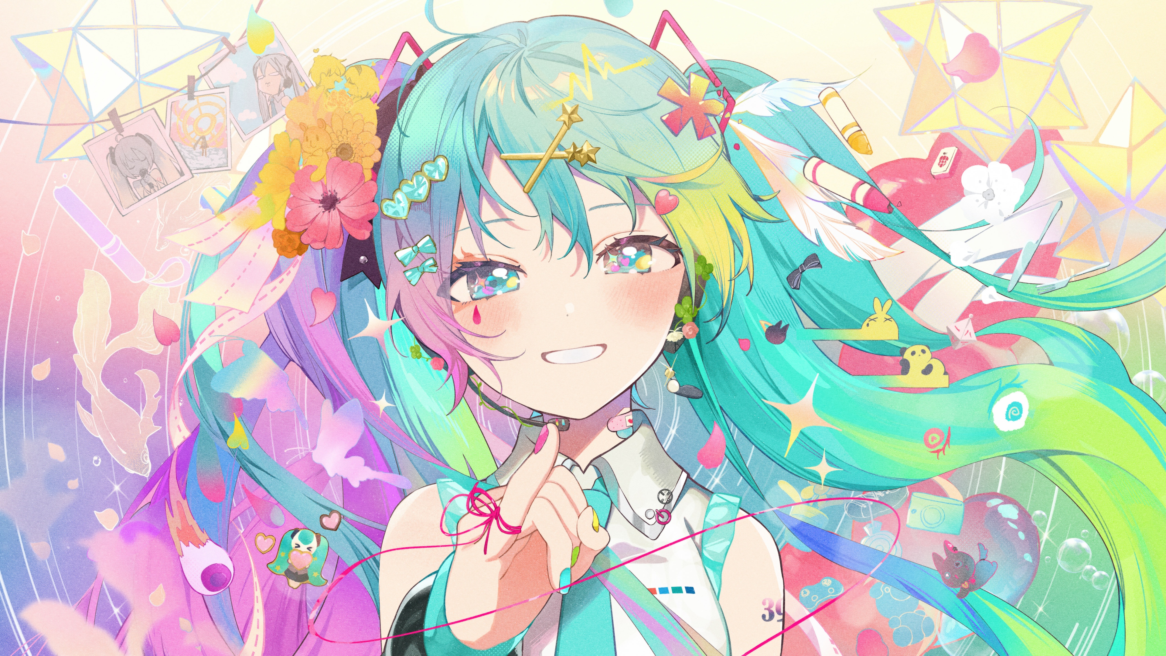 Un ritratto colorato e ricco di dettagli, realizzato in stile anime, che raffigura Hatsune Miku, personaggio del programma Vocaloid.