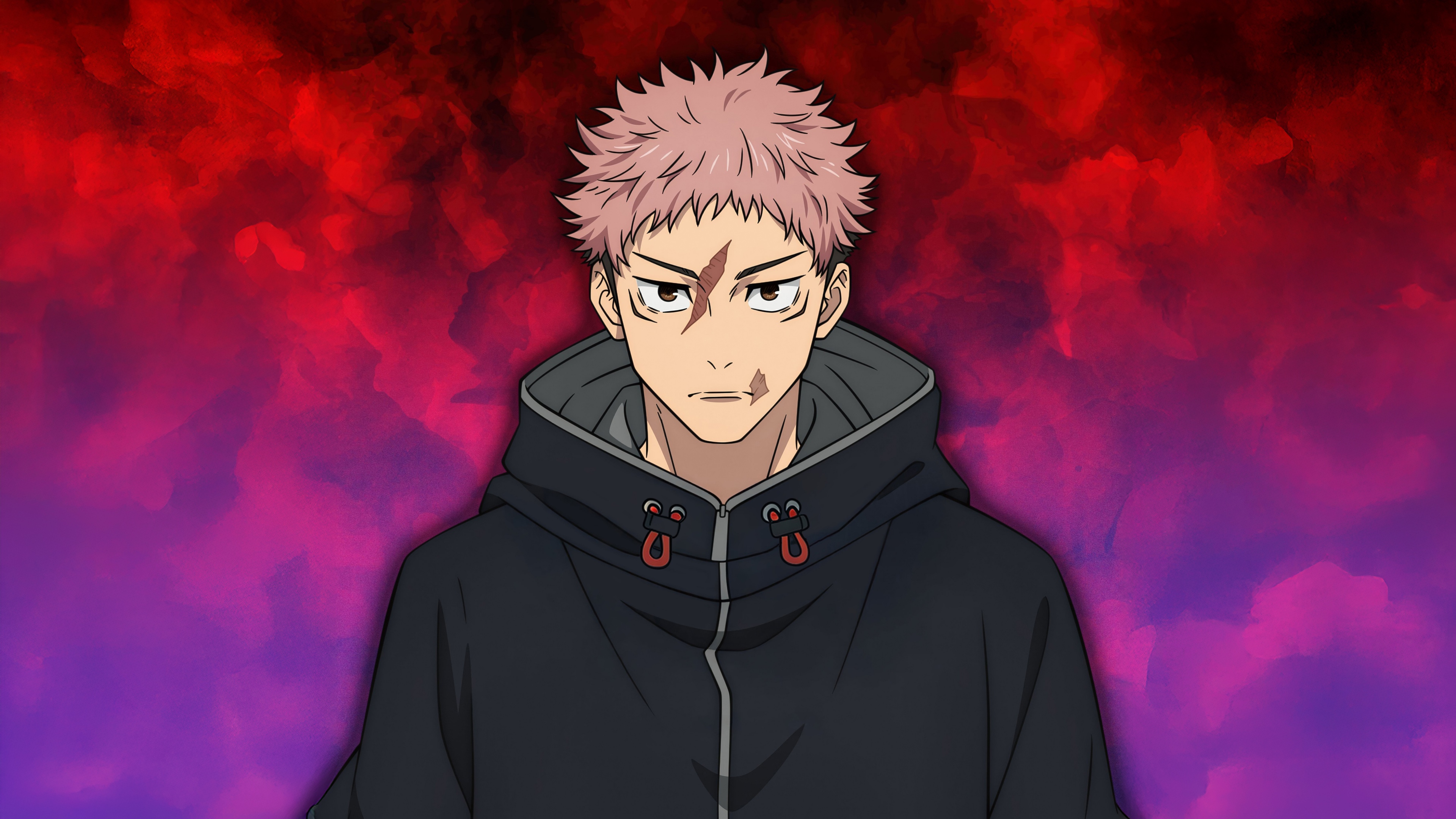 Yuji Itadori, personaggio di Jujutsu Kaisen, con i capelli rosa, indossa una felpa con cappuccio su uno sfondo rosso.