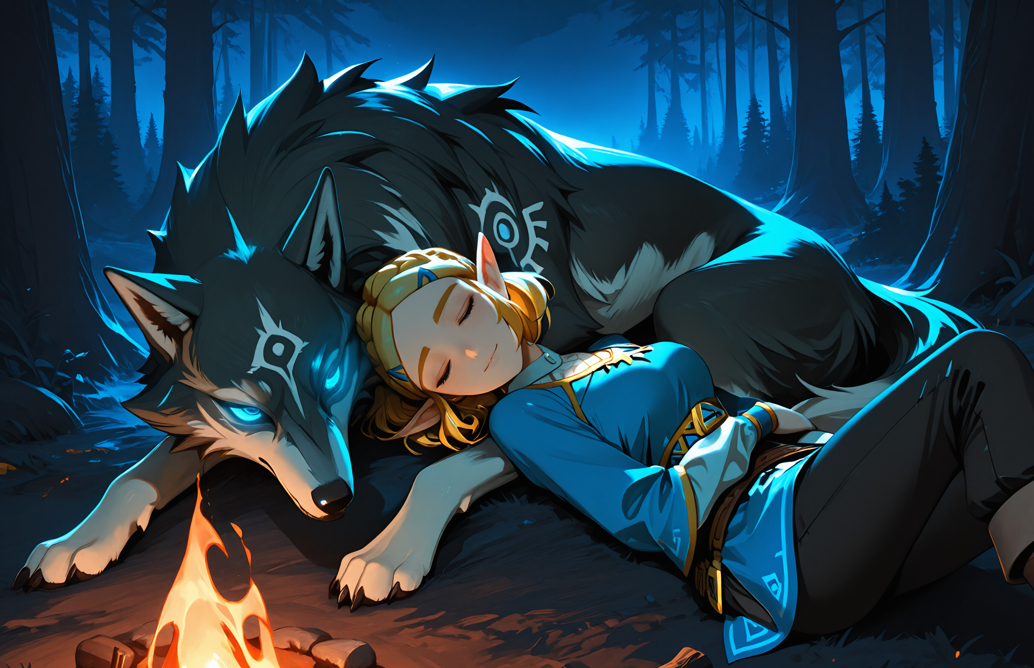 La principessa Zelda, con la sua tunica blu, dorme serenamente appoggiata al grande Wolf Link, dal pelo scuro, accanto a un fuoco da campo in una foresta di notte. Wolf Link è sveglio, con gli occhi che brillano di un intenso colore blu, e veglia su di lei.