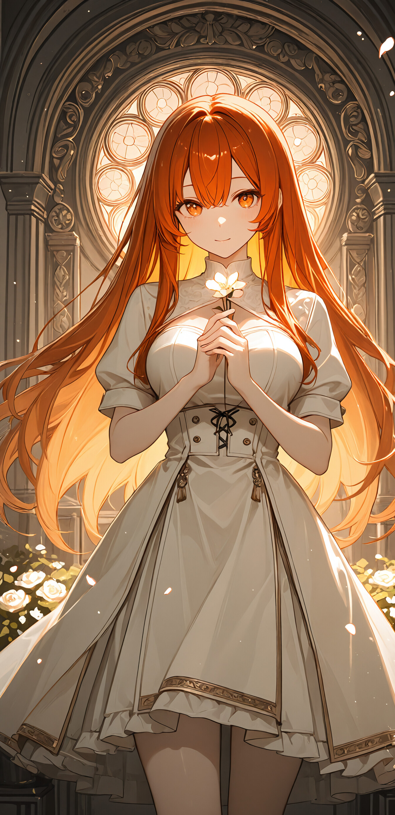 Un’illustrazione in stile anime di Ritsuka Fujimaru (Gudako) tratta da Fate/Grand Order: una giovane donna con lunghi capelli arancioni luminosi e occhi color ambra, che indossa un elegante abito nero in un giardino buio pieno di rose dorate.