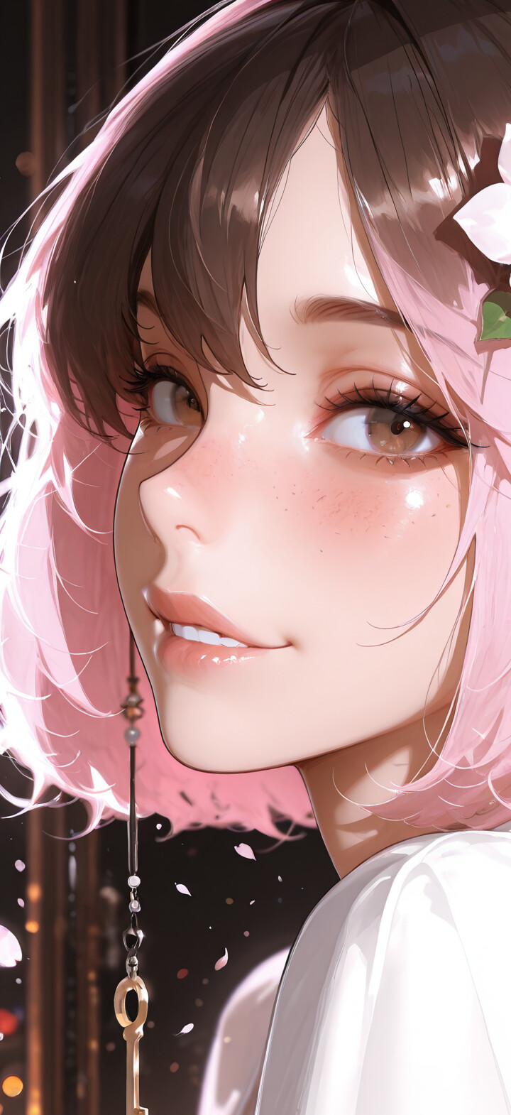 Un ritratto digitale ravvicinato di Neopolitan, personaggio della serie RWBY: una giovane donna con capelli castani e rosa. Ha dei fiori di ciliegio tra i capelli, occhi marroni, lentiggini, un sorriso dolce e indossa un orecchino a forma di chiave dorata.