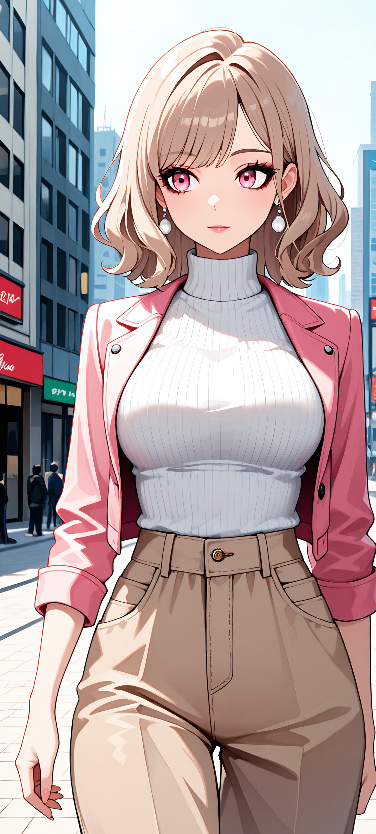 Un’illustrazione in stile anime che raffigura una giovane donna alla moda, con capelli biondi e mossi e occhi rosa, mentre cammina lungo una strada cittadina, indossando una giacca rosa, un maglione a collo alto bianco e pantaloni color beige.
