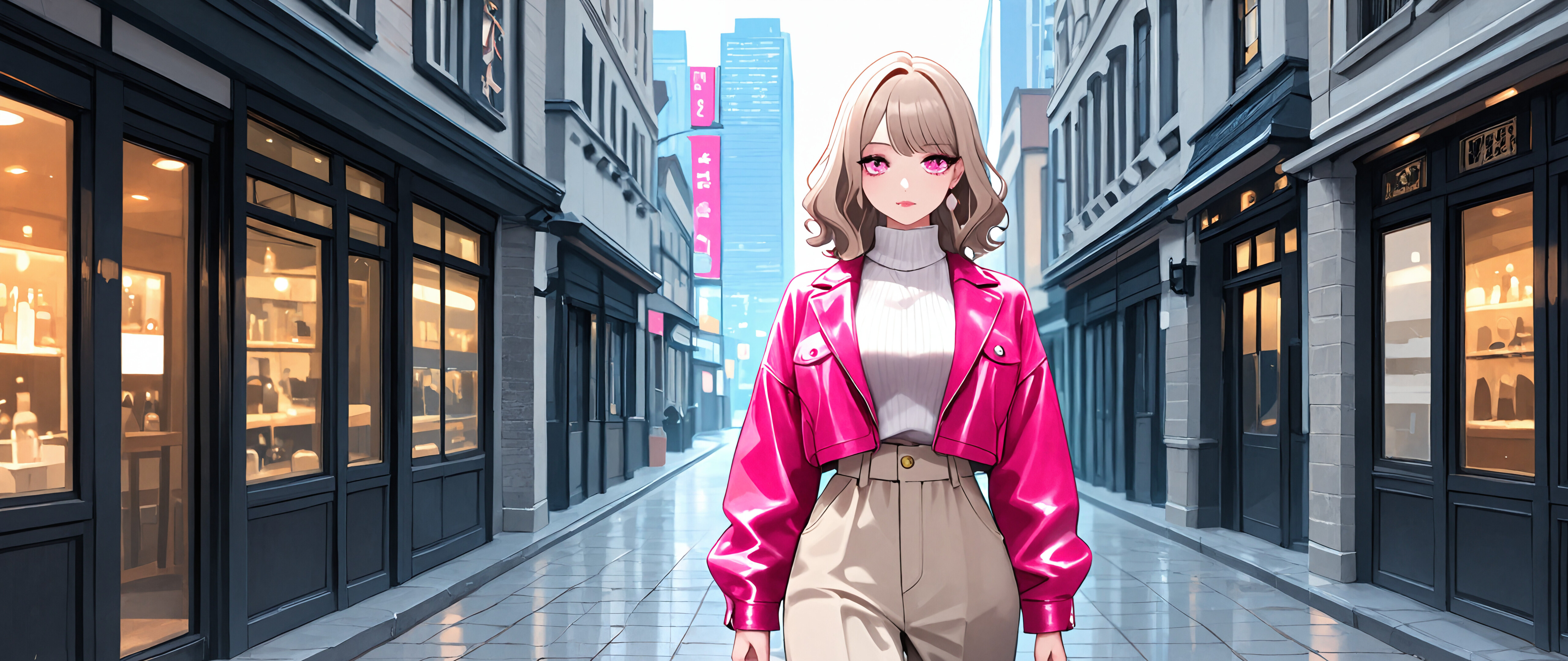 Un’illustrazione in stile anime che raffigura una giovane donna alla moda, con capelli biondi e mossi e occhi rosa, mentre cammina lungo una strada cittadina, indossando una giacca rosa, un maglione a collo alto bianco e pantaloni color beige.