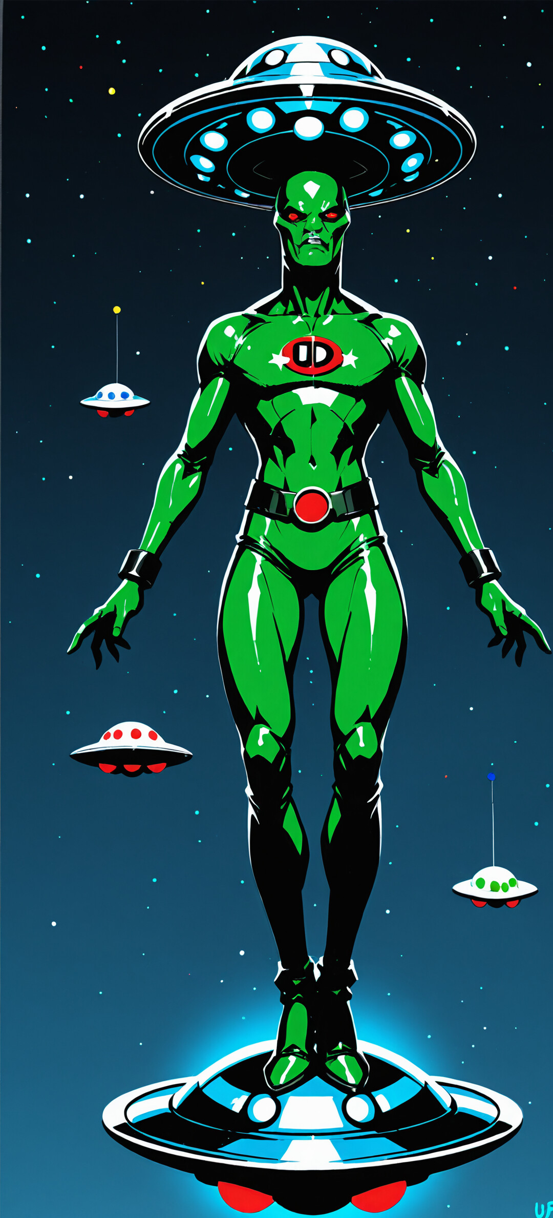 Illustrazione a figura intera di un alieno muscoloso con la pelle verde, che indossa un elegante abito nero con un logo rosso a forma di «DD», in piedi su un UFO, con due UFO più piccoli sullo sfondo.
