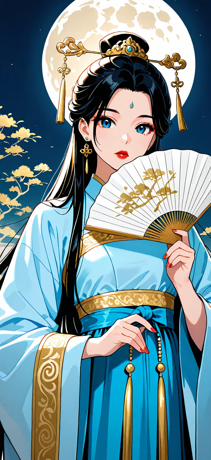 Un’illustrazione in stile anime che raffigura una bellissima giovane donna con lunghi capelli neri e occhi azzurri, vestita con un tradizionale abito cinese hanfu blu e dorato. Tiene in mano un ventaglio dorato ed è in piedi di fronte a uno sfondo circolare che rappresenta un cielo notturno stellato con nuvole dorate.