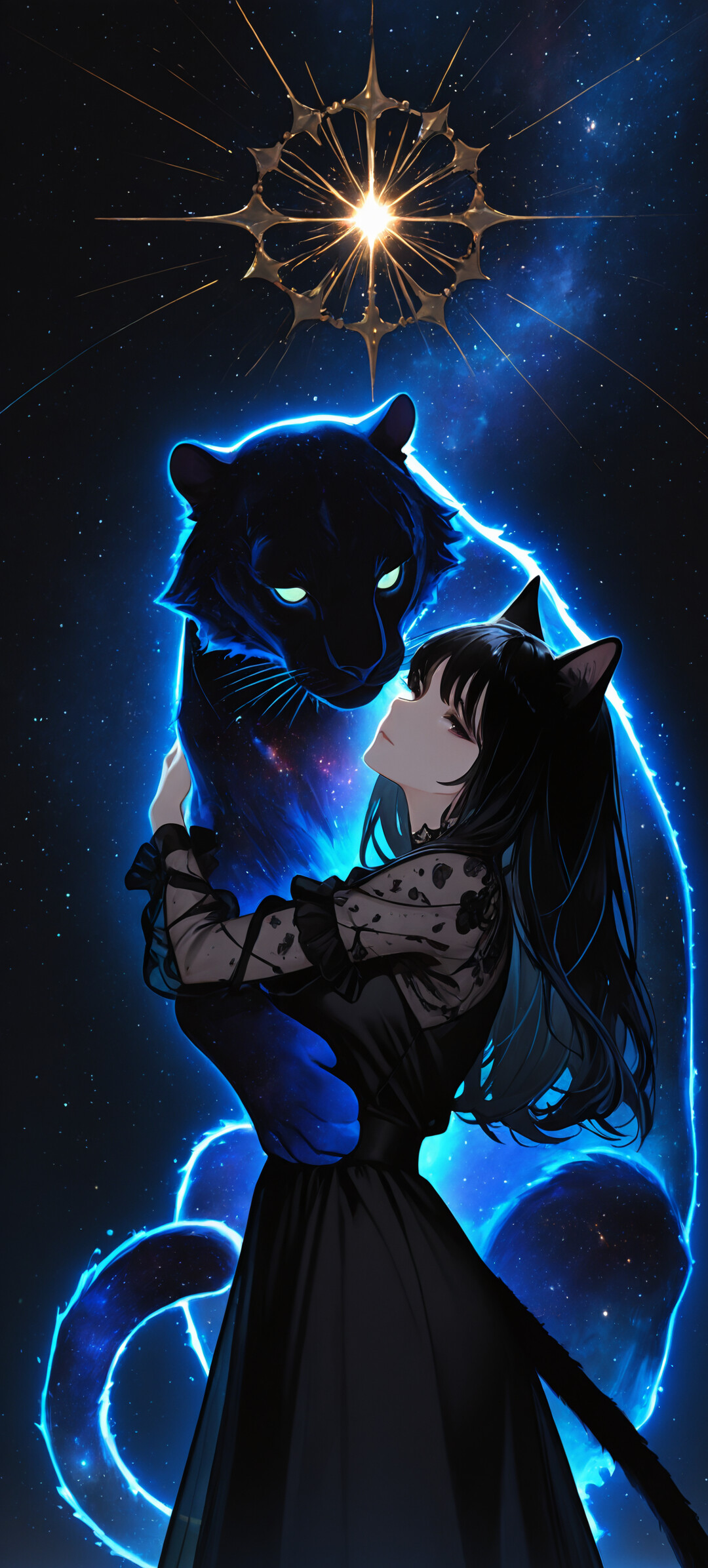 Una ragazza-gatto in stile anime, con capelli neri corti e un lungo abito nero con maniche trasparenti, abbraccia una grande pantera nera. Entrambi sono avvolti da un’aura blu, sullo sfondo di un cielo stellato con un pianeta sottostante e un simbolo celeste dorato nella parte superiore.