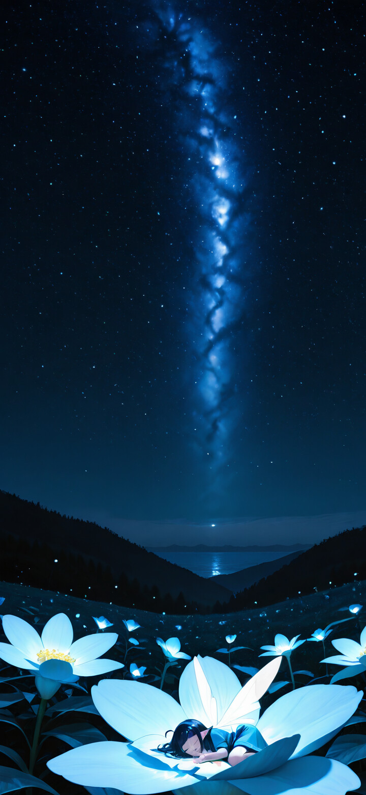 Una bambina con i capelli scuri dorme profondamente al centro di un enorme fiore blu luminoso, sotto un cielo notturno vivido e stellato, con una fascia della Via Lattea che sembra scendere verso di lei.