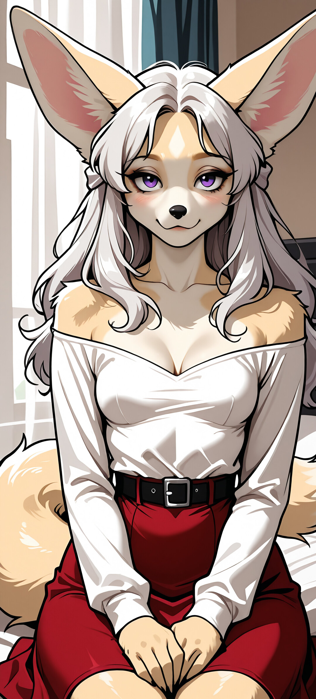 Un’illustrazione in stile anime che raffigura un personaggio femminile, una volpe fennec, con lunghi capelli argentati e occhi viola, che indossa un top bianco a spalle scoperte e una gonna rossa.