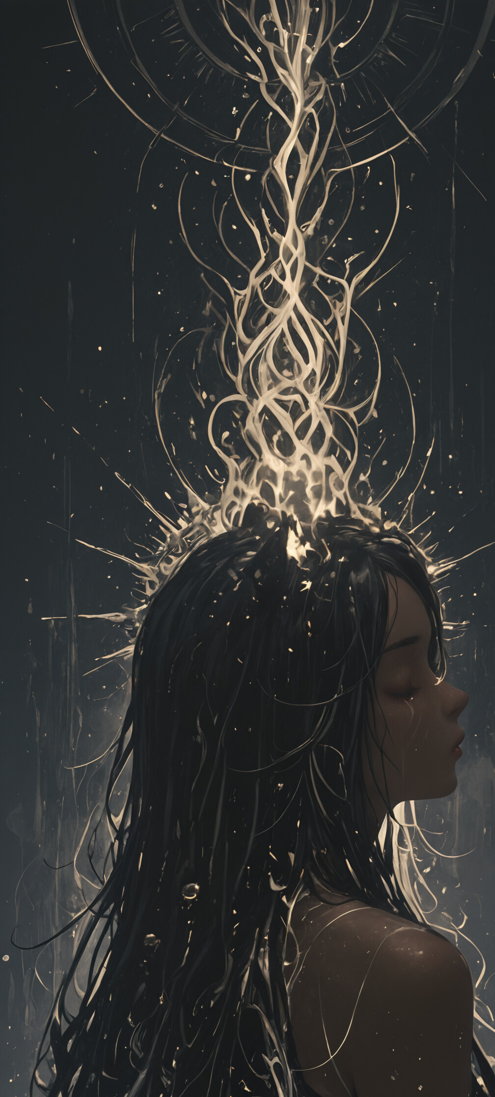 Un dipinto digitale che raffigura una giovane donna serena, con lunghi capelli neri e orecchie da gatto nere, mostrata di profilo. Ha gli occhi chiusi su uno sfondo scuro e cosmico, con un grande motivo celeste dorato e luminoso alle sue spalle.