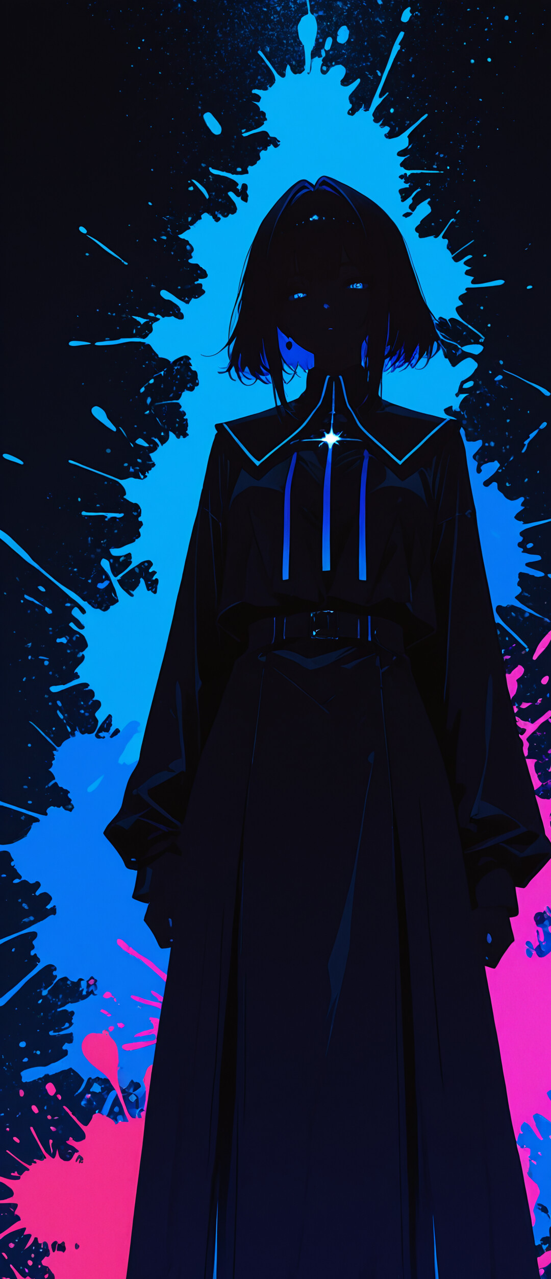 Ritratto digitale di una donna con lunghi capelli neri e occhi rossi luminosi, su uno sfondo caratterizzato da macchie di vernice al neon rosa e blu.