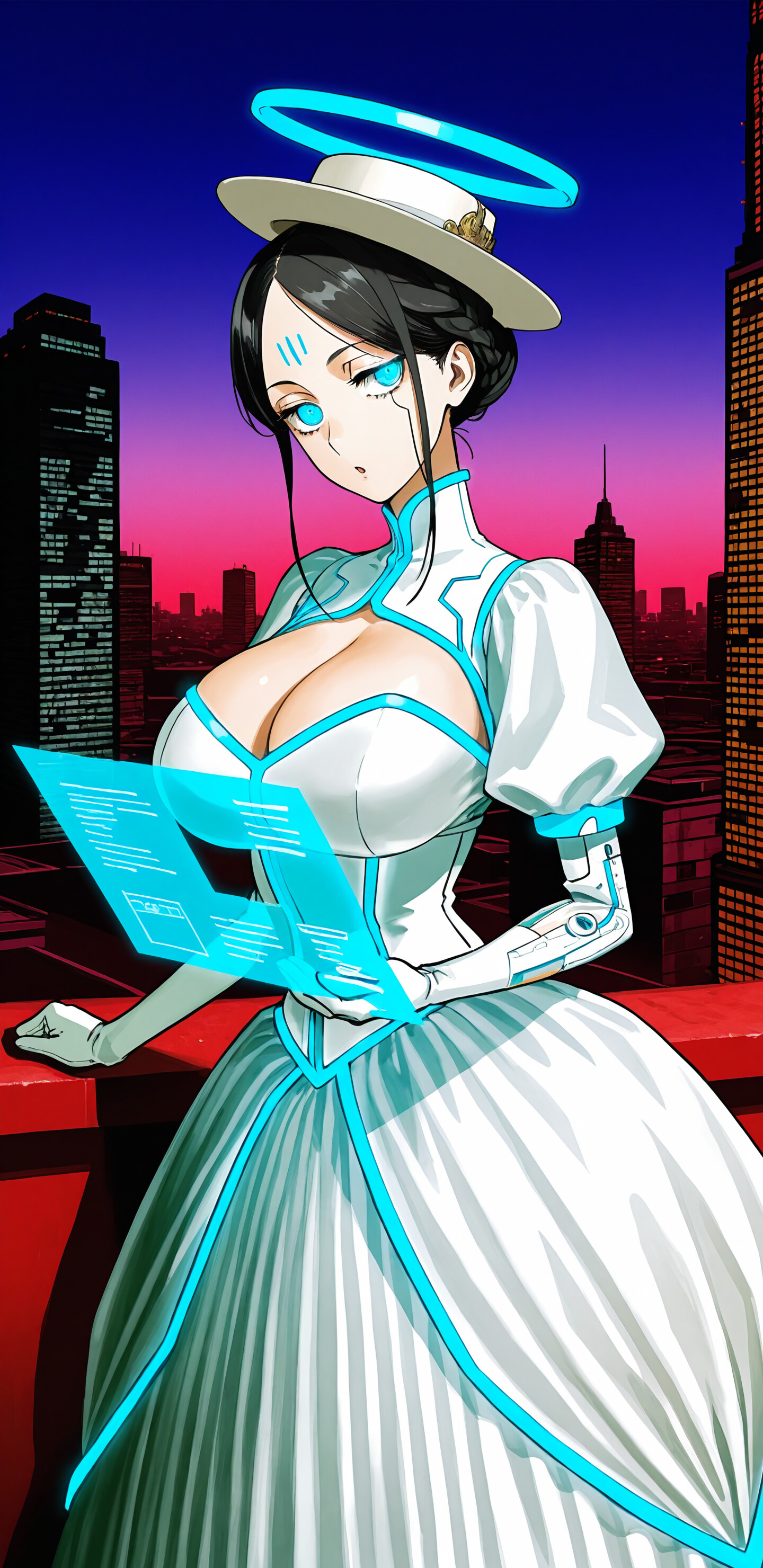 Una donna in stile anime, con indosso un abito e un cappello vittoriani futuristici bianchi e blu, è in piedi su un tetto al crepuscolo, tenendo in mano un tablet olografico luminoso di fronte a un panorama urbano illuminato da luci al neon. Un alone blu fluttua sopra la sua testa.
